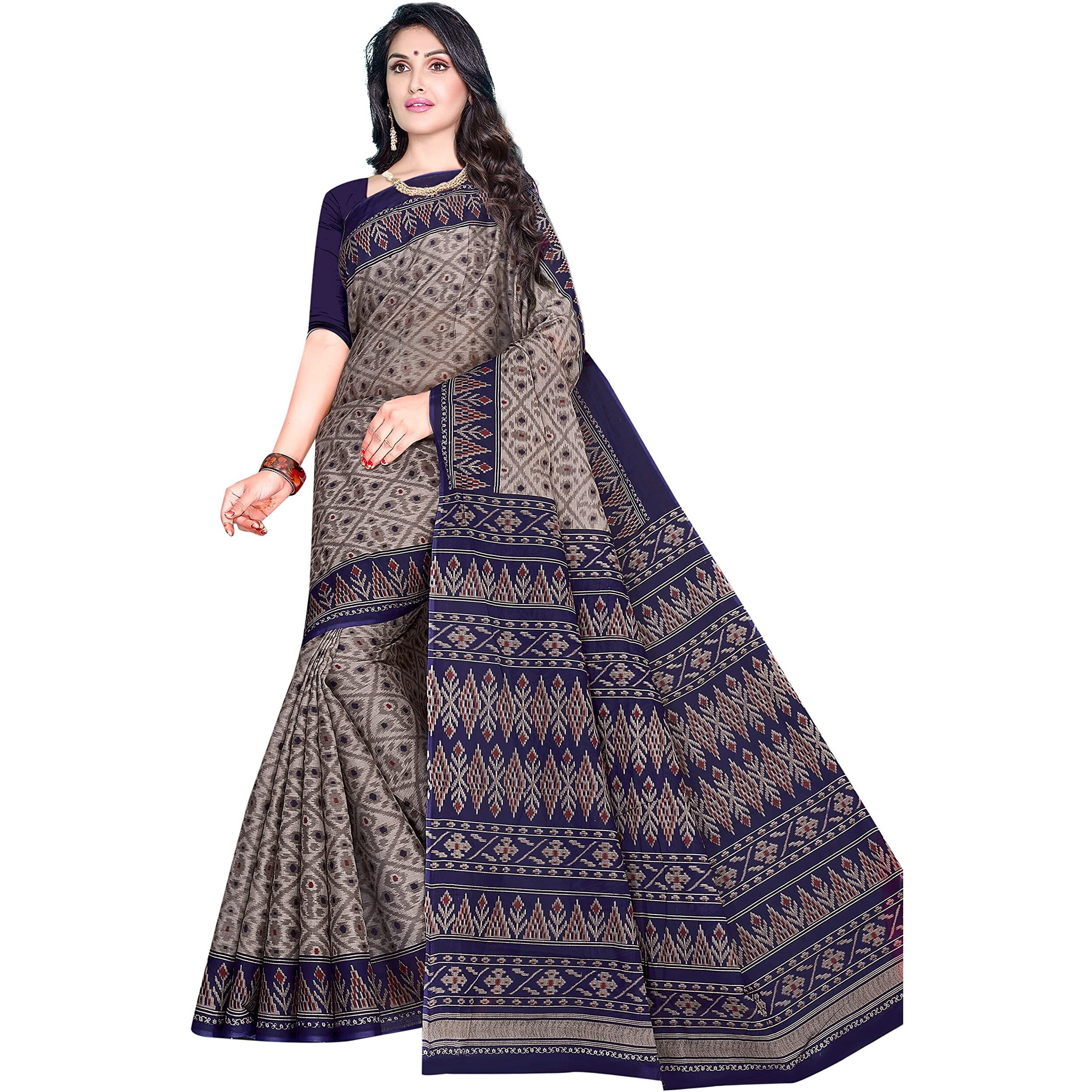 TAMAIRA FASHION Womens Plain Weave Pure Cotton Saree Without Blouse Piece(1362_GreyandBlue)
