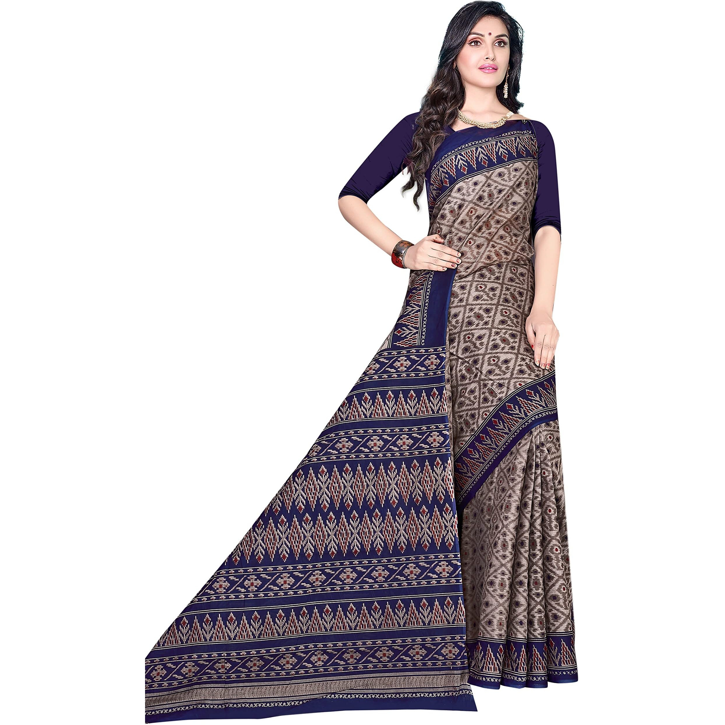 TAMAIRA FASHION Womens Plain Weave Pure Cotton Saree Without Blouse Piece(1362_GreyandBlue)