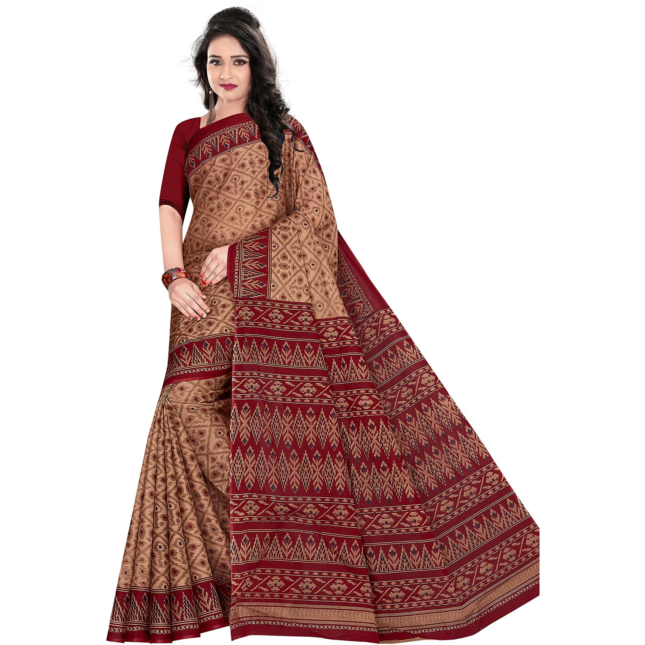 TAMAIRA FASHION Womens Plain Weave Pure Cotton Saree Without Blouse Piece(1362_BrownandMaroon)