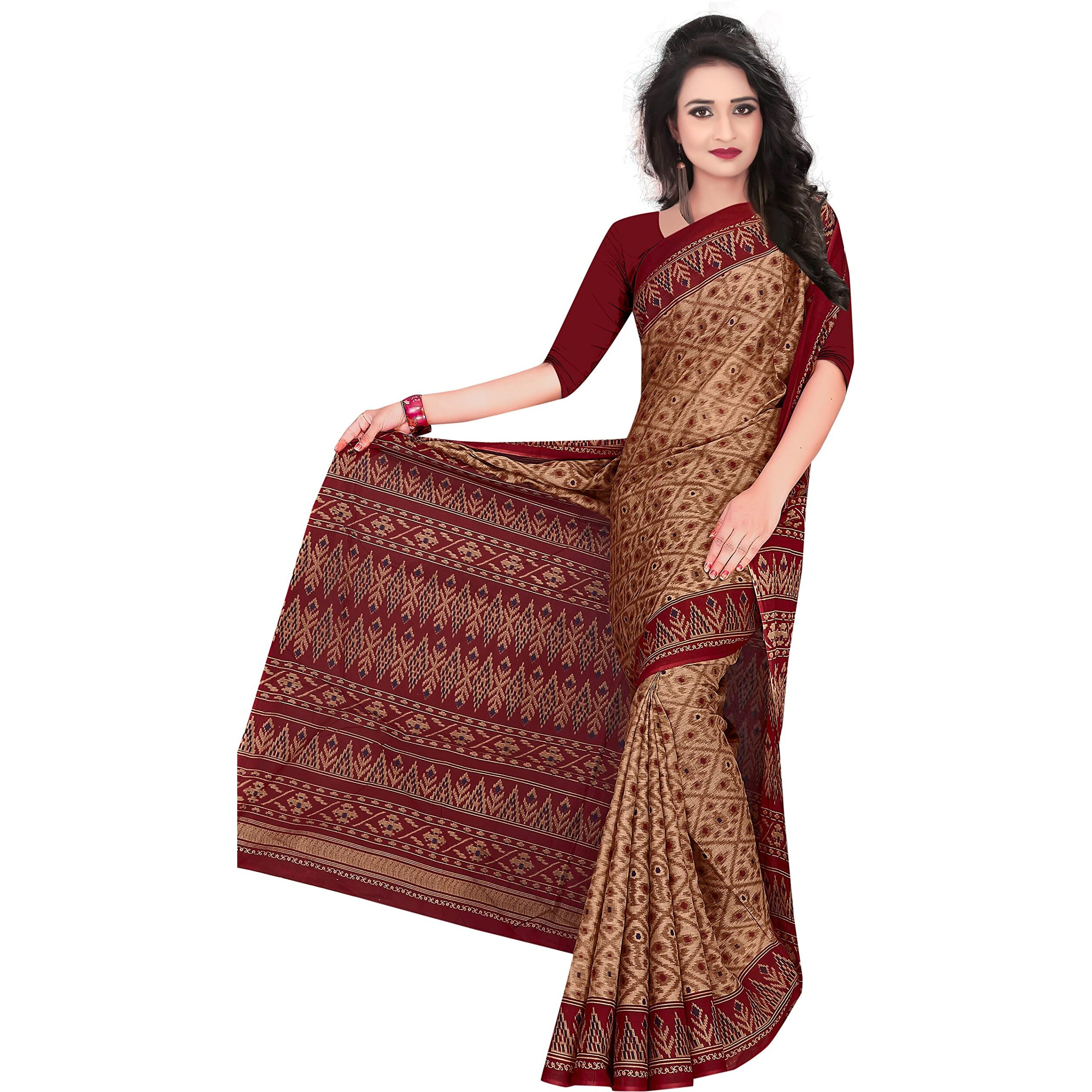 TAMAIRA FASHION Womens Plain Weave Pure Cotton Saree Without Blouse Piece(1362_BrownandMaroon)