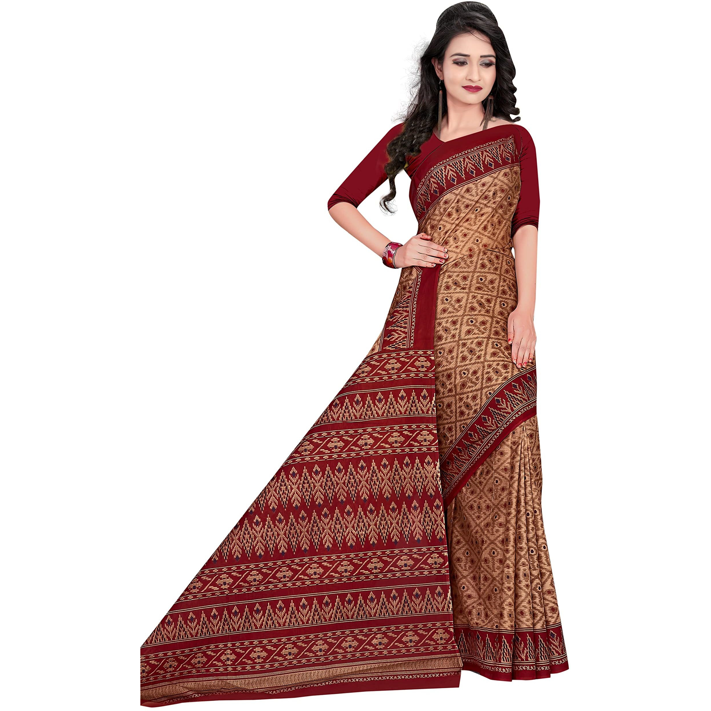 TAMAIRA FASHION Womens Plain Weave Pure Cotton Saree Without Blouse Piece(1362_BrownandMaroon)