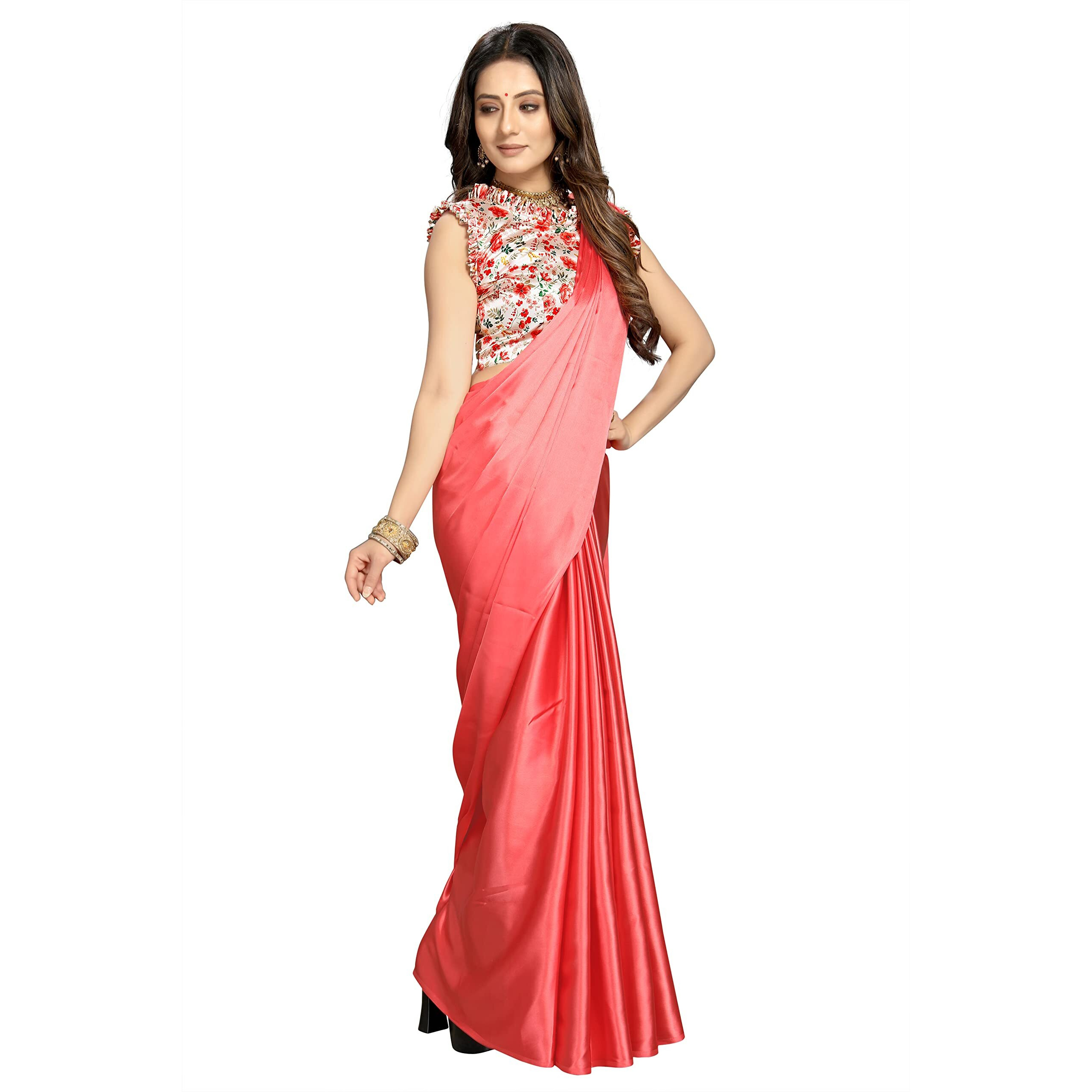 Kaugalian store Soft Satin Silk Saree for Girls and Women with Designer Digital Printed Blouse Piece - Peach