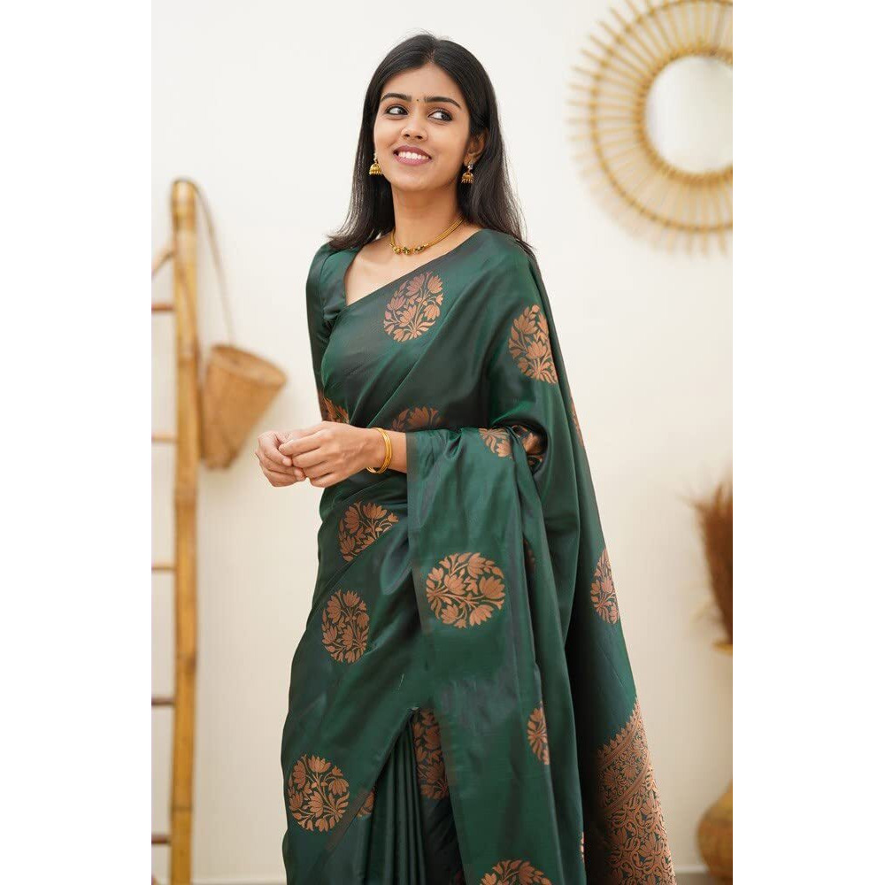 C J Enterprise Womens Pure Soft Kanjivaram Silk Saree Banarasi Design Wear Pattu Sarees Latest Party Cotton Sari collections With Blouse Piece for Wedding sadi new ladies 2023 2024 500 (Anjana Green)