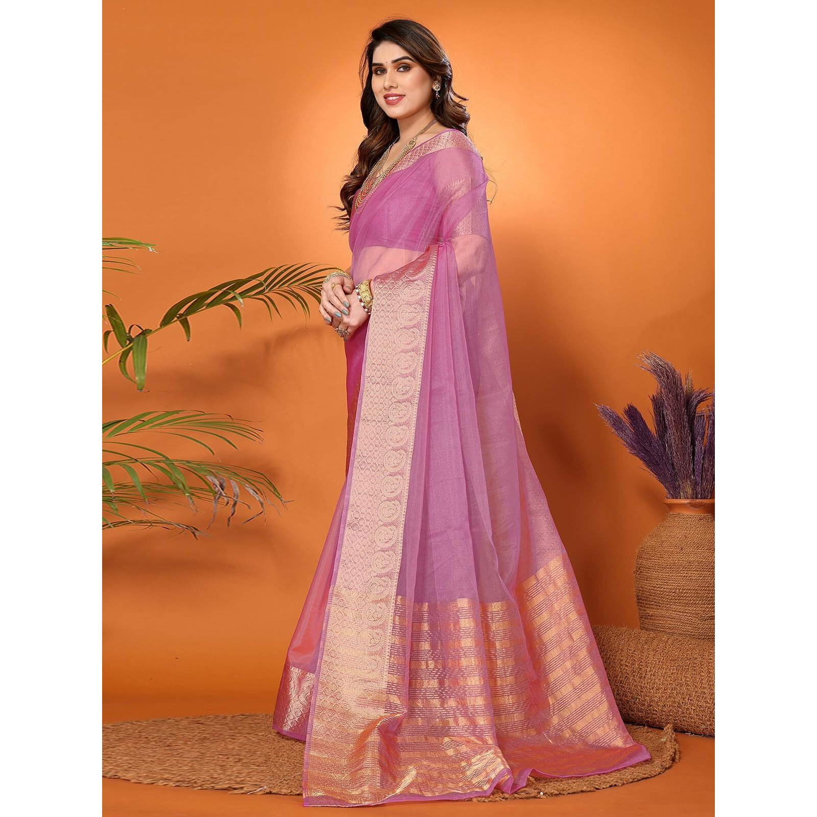 SIRIL Womens Jacquard Border Organza Saree with Unstitched Blouse Piece (3276S255A_Purple)