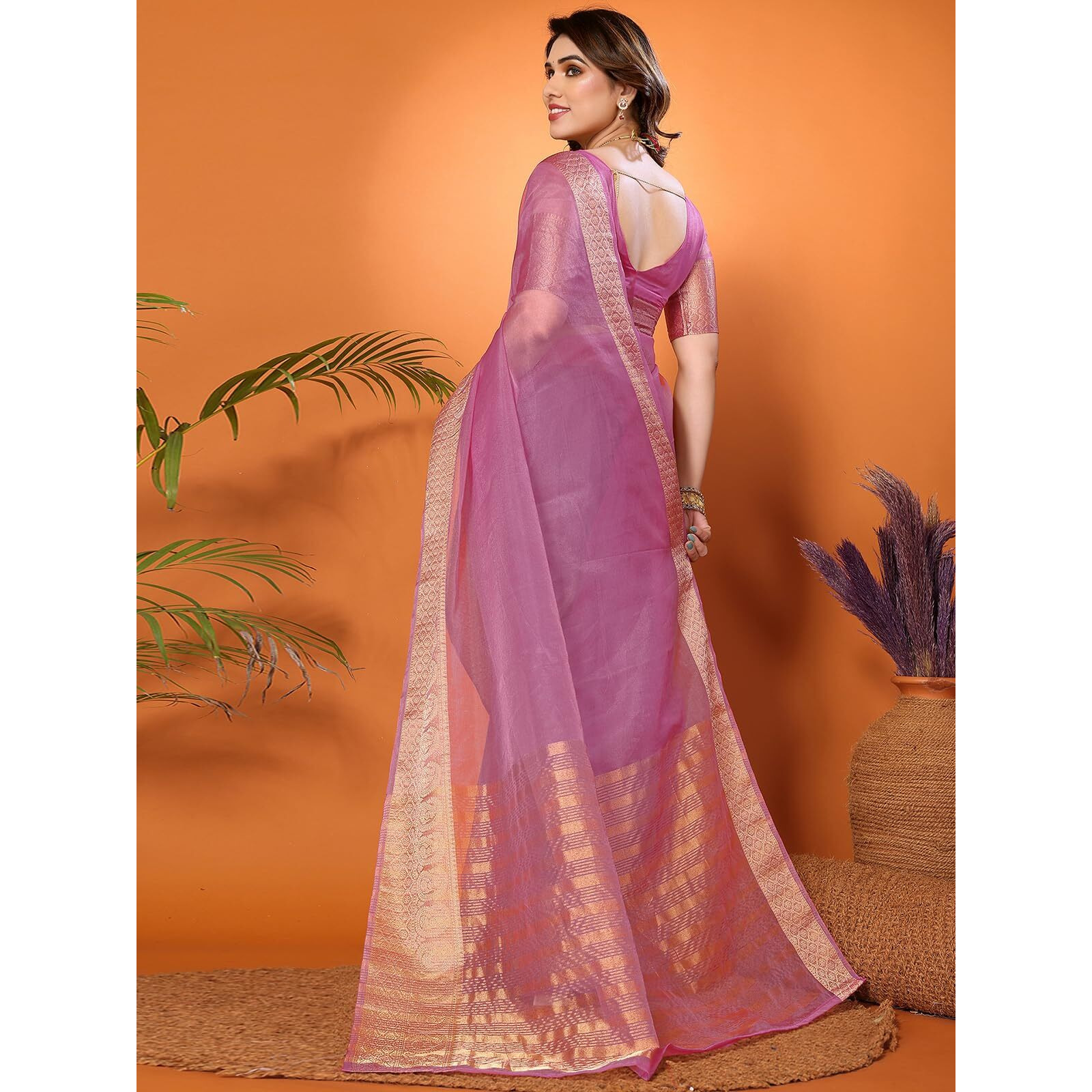 SIRIL Womens Jacquard Border Organza Saree with Unstitched Blouse Piece (3276S255A_Purple)