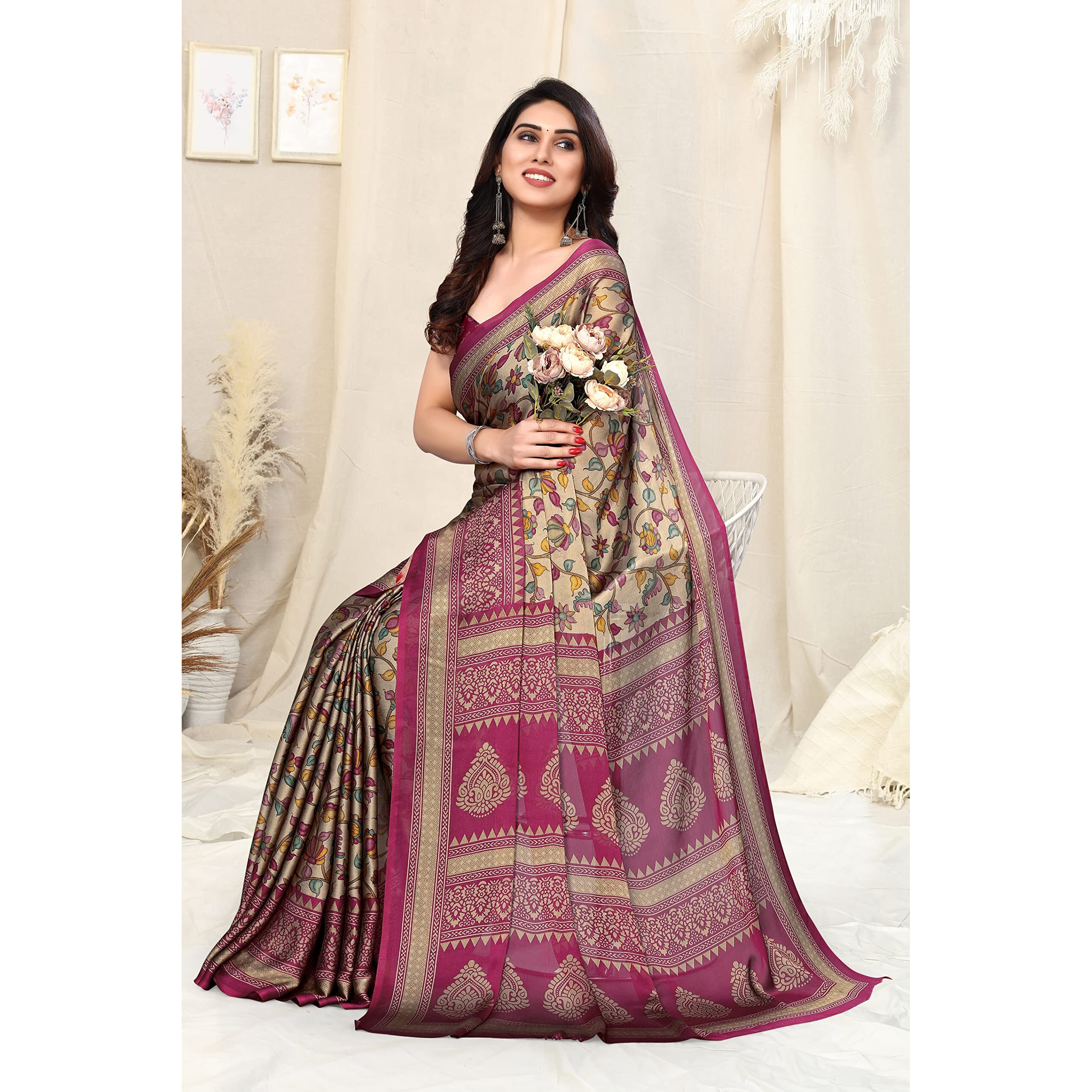 MIRCHI FASHION Polyester Womens Kalamkari Floral Block Printed Saree With Blouse Piece (38943-Beige, Magenta)