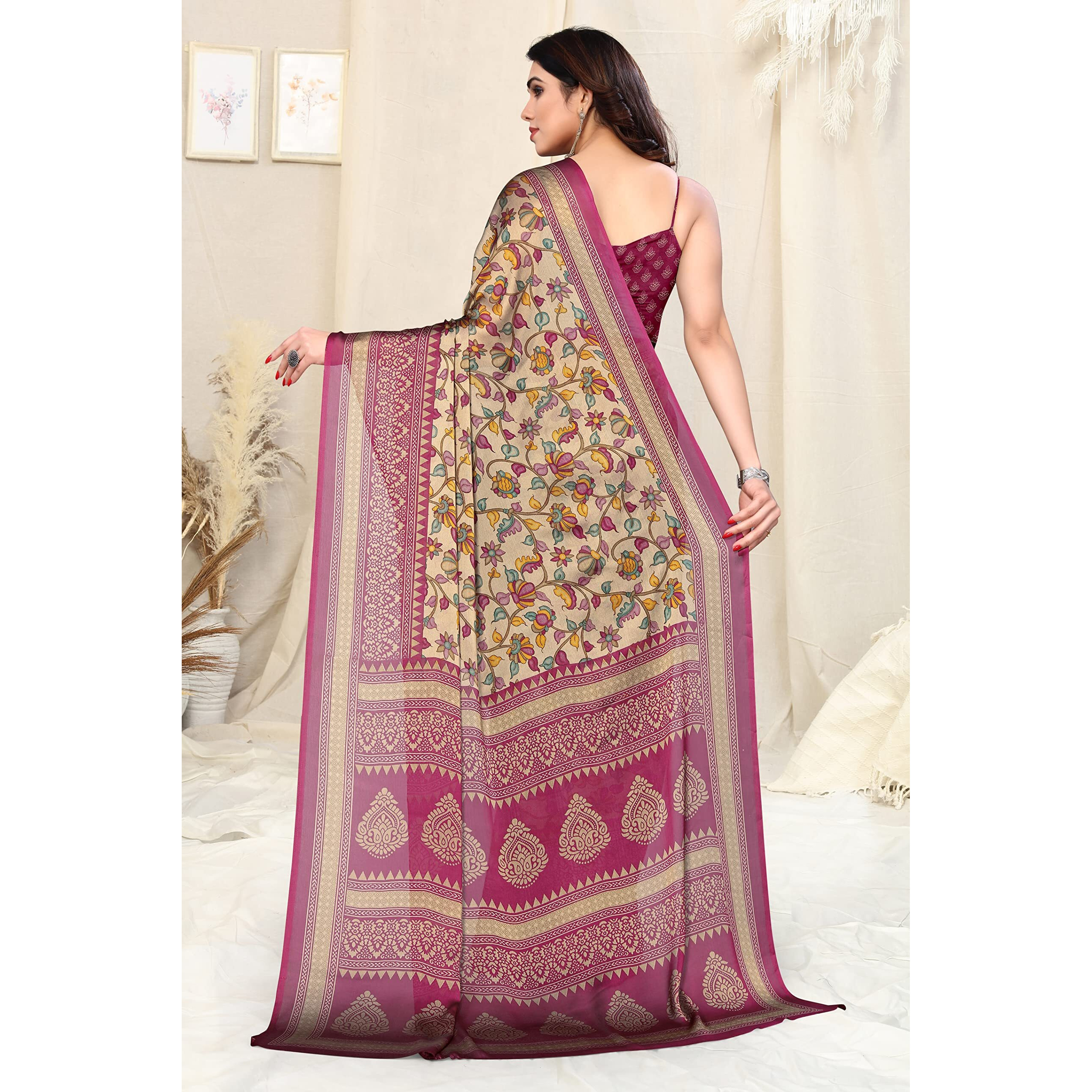 MIRCHI FASHION Polyester Womens Kalamkari Floral Block Printed Saree With Blouse Piece (38943-Beige, Magenta)