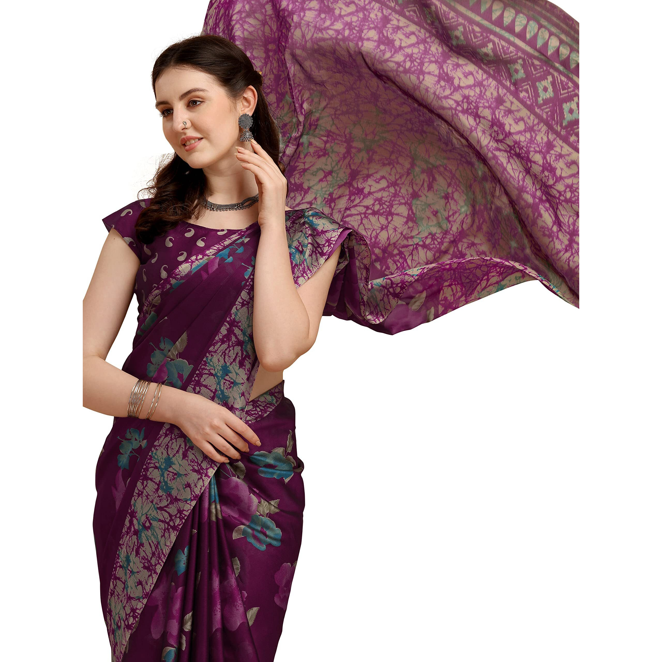 EthnicJunction Womens Floral Printed Georgette Saree With Blouse Piece (Ej7029-Bela-Baigani_Baigani), Purple