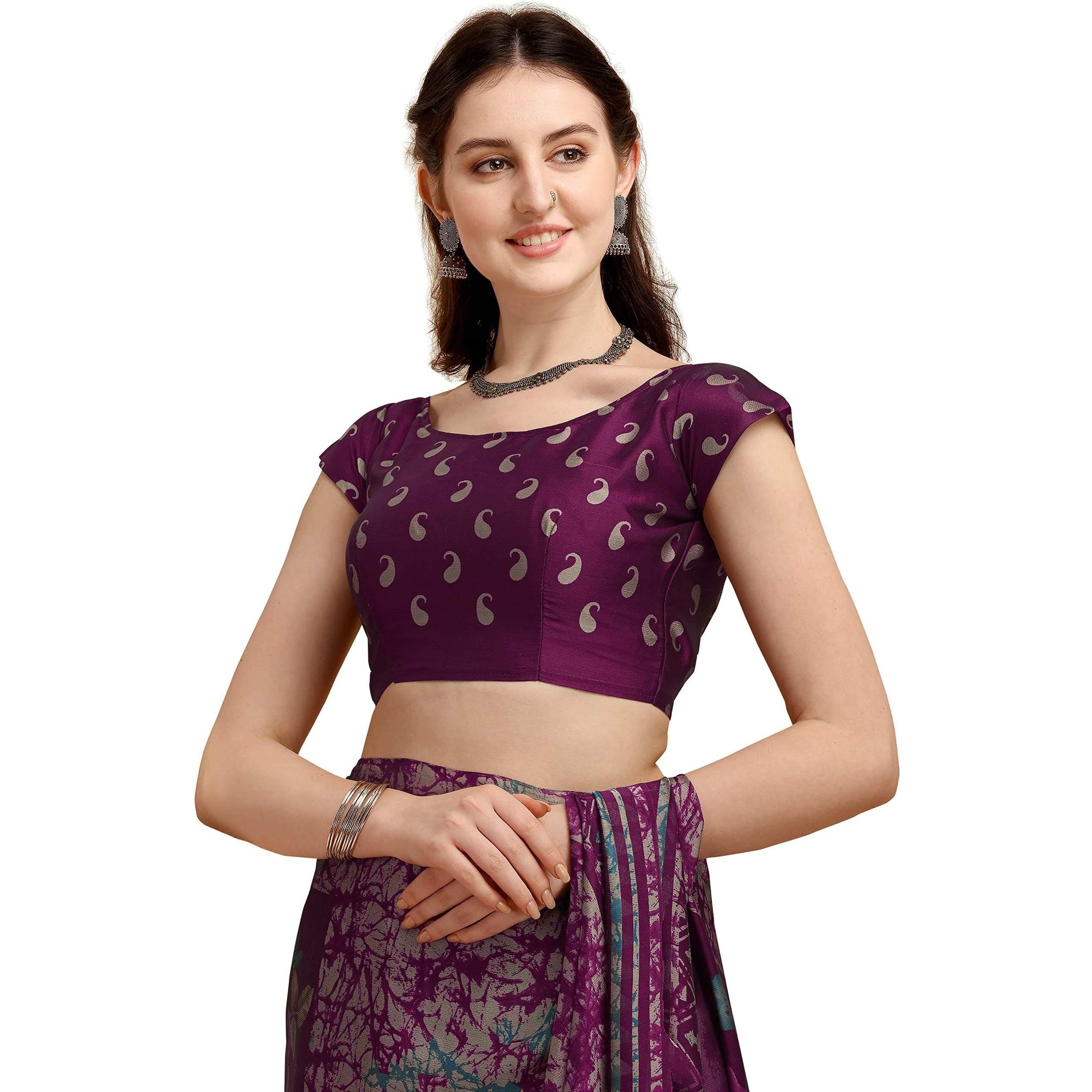 EthnicJunction Womens Floral Printed Georgette Saree With Blouse Piece (Ej7029-Bela-Baigani_Baigani), Purple