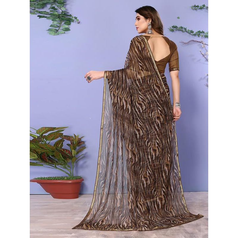 SIRIL Womens Animal Printed Chiffon Saree with Unstitched Blouse Piece (3296S571_Brown)