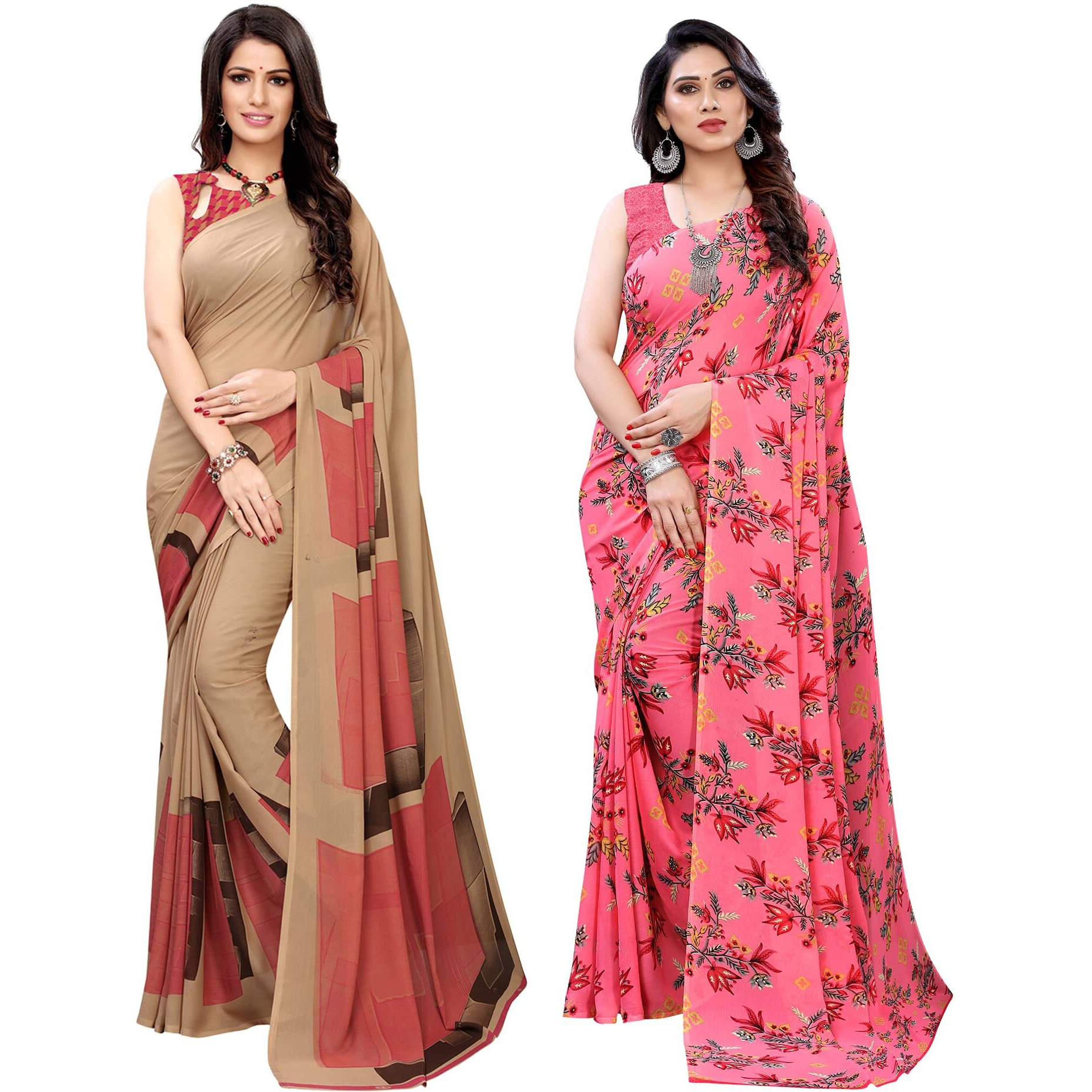 SIRIL Womens Printed Georgette Saree with Blouse Combo Pack Of 2(1182S117_1955S344_Beige||Pink1)