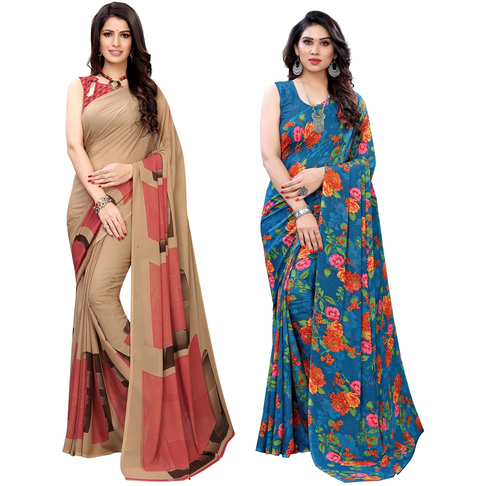 SIRIL Womens Printed Georgette Saree with Blouse Combo Pack Of 2(1182S117_1955S350_Beige||Blue1)