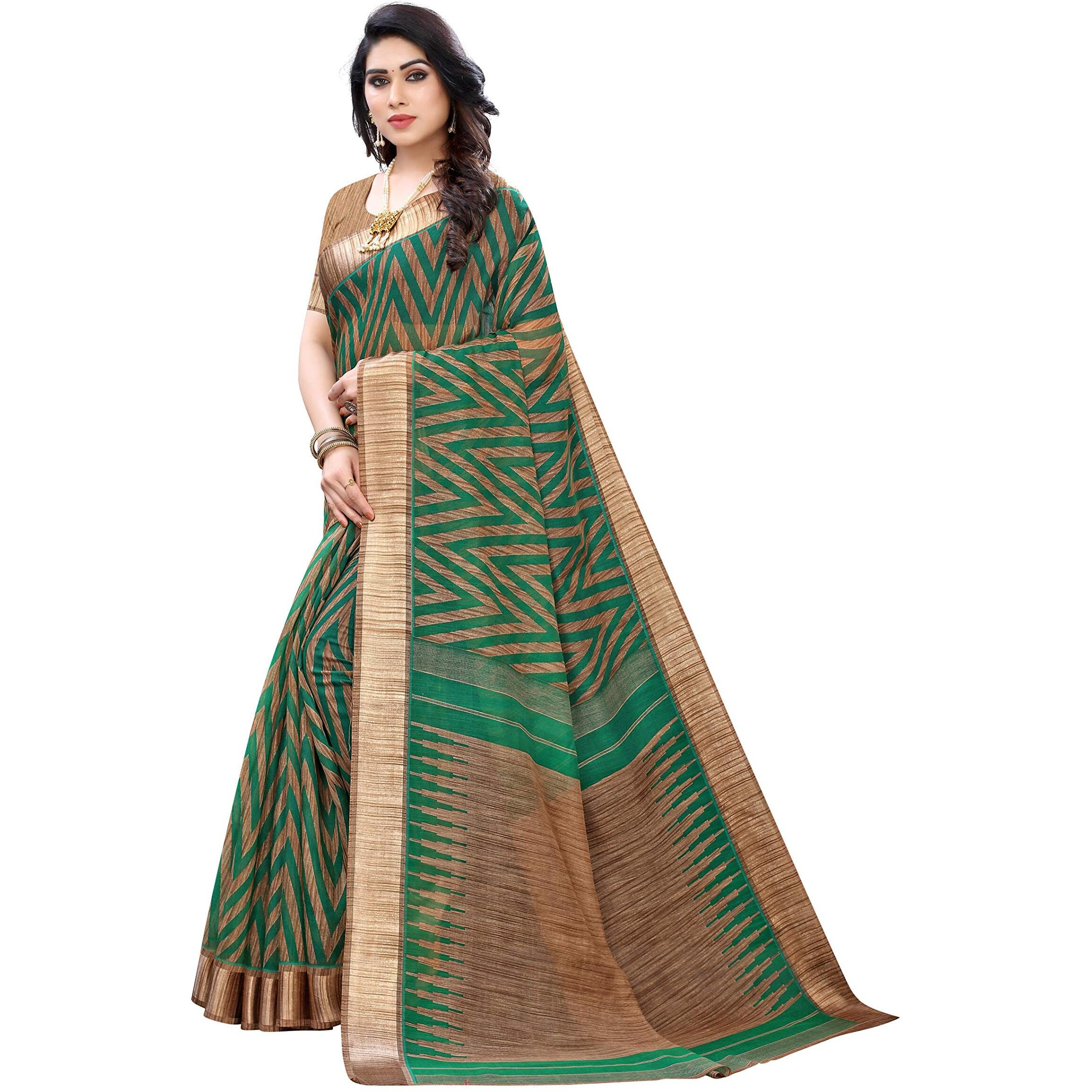 Yashika Womens Linen Blend Woven Standard Length Saree (Bee Green, Khaki