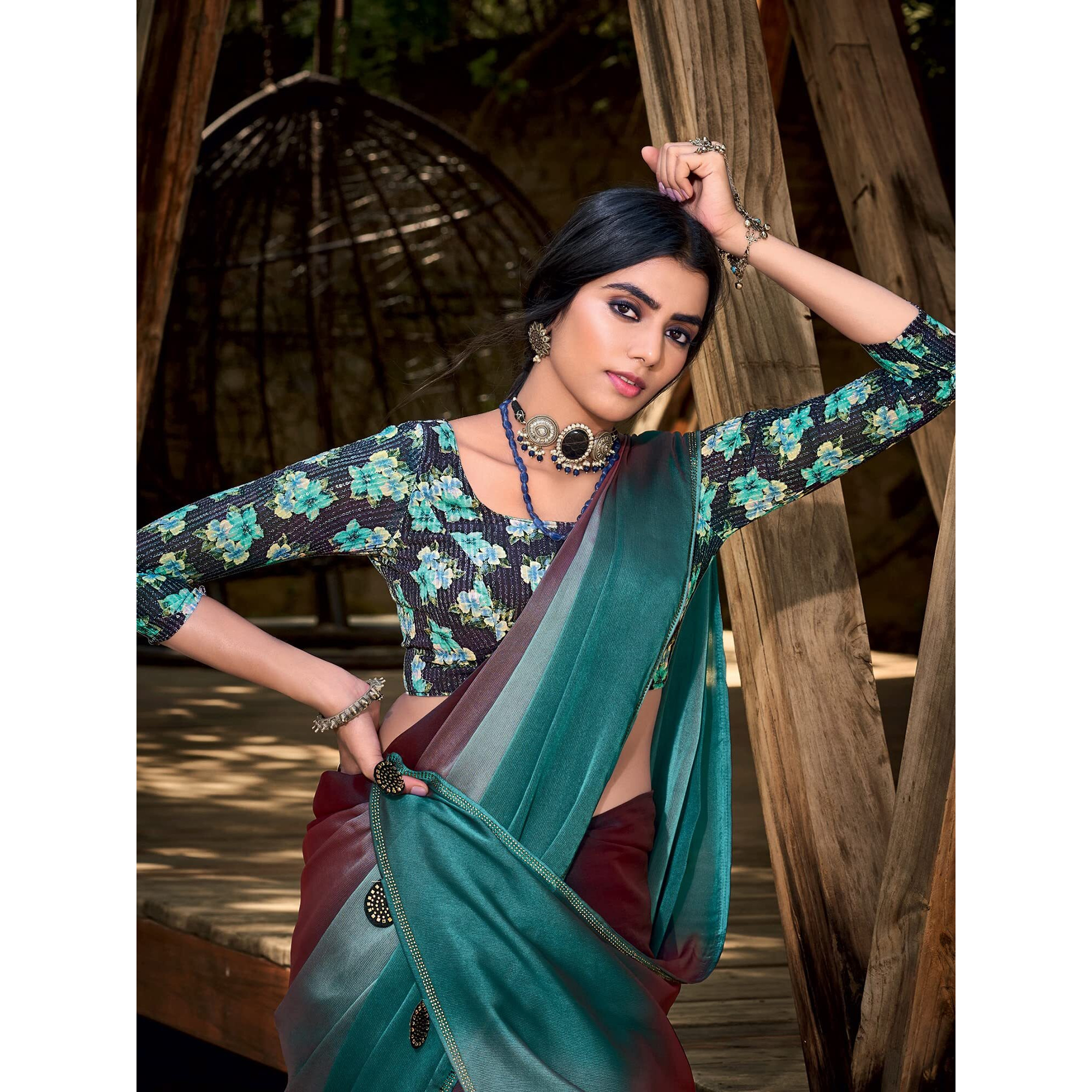 AKHILAM Womens Solid Chiffon Embellished Saree With Unstitched Blouse Piece (Rust_ARUNA14)