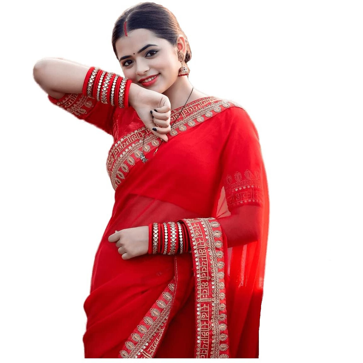 Sidhidata Textile Womens Lace Bordered Georgette Saree With Unstitched Blouse Piece(karwa Chauth Redd_Red_Free Size)