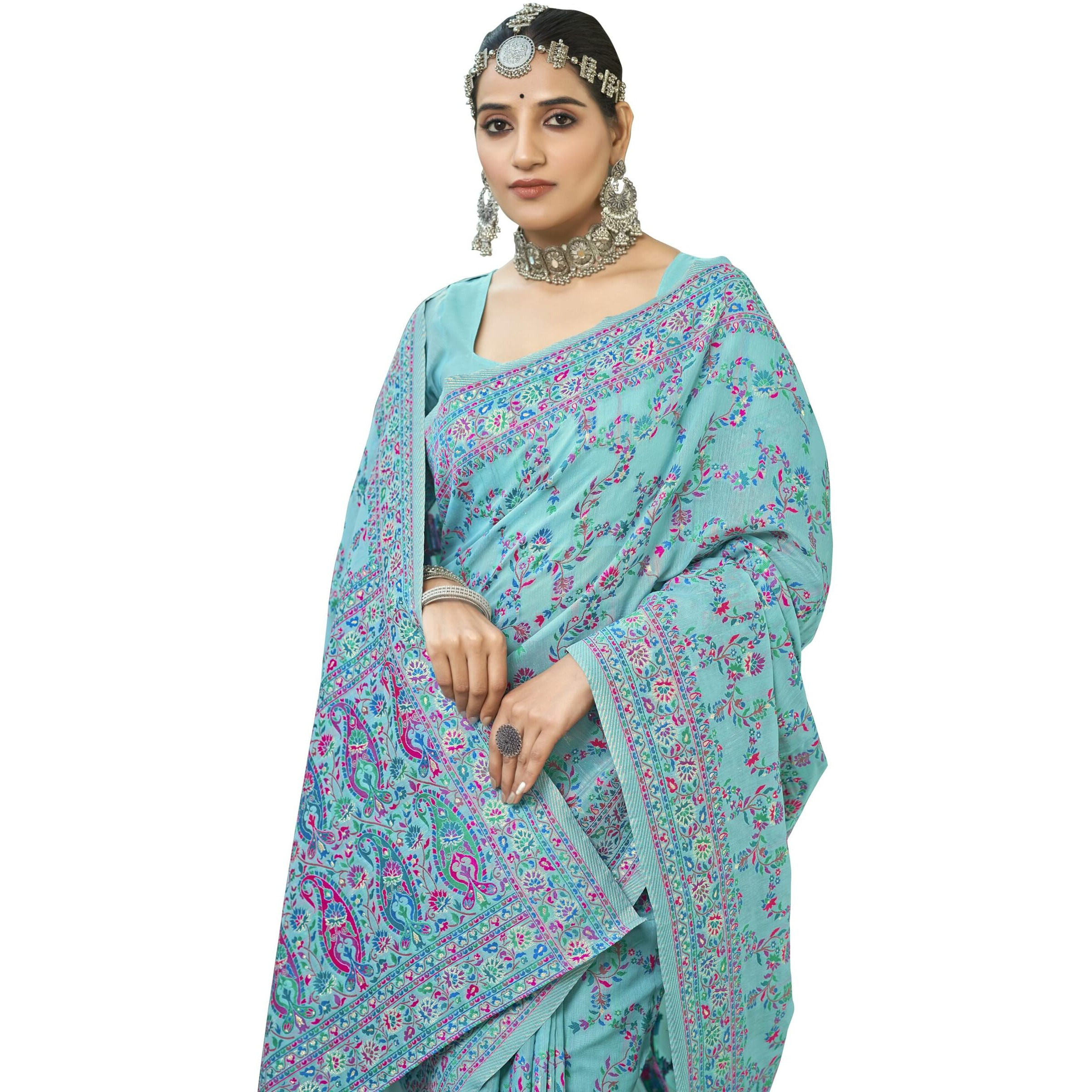 Glory Sarees Womens Kashmiri Pashmina Silk Woven Saree With Blouse Piece (Heritage_Silk108_Firozi)