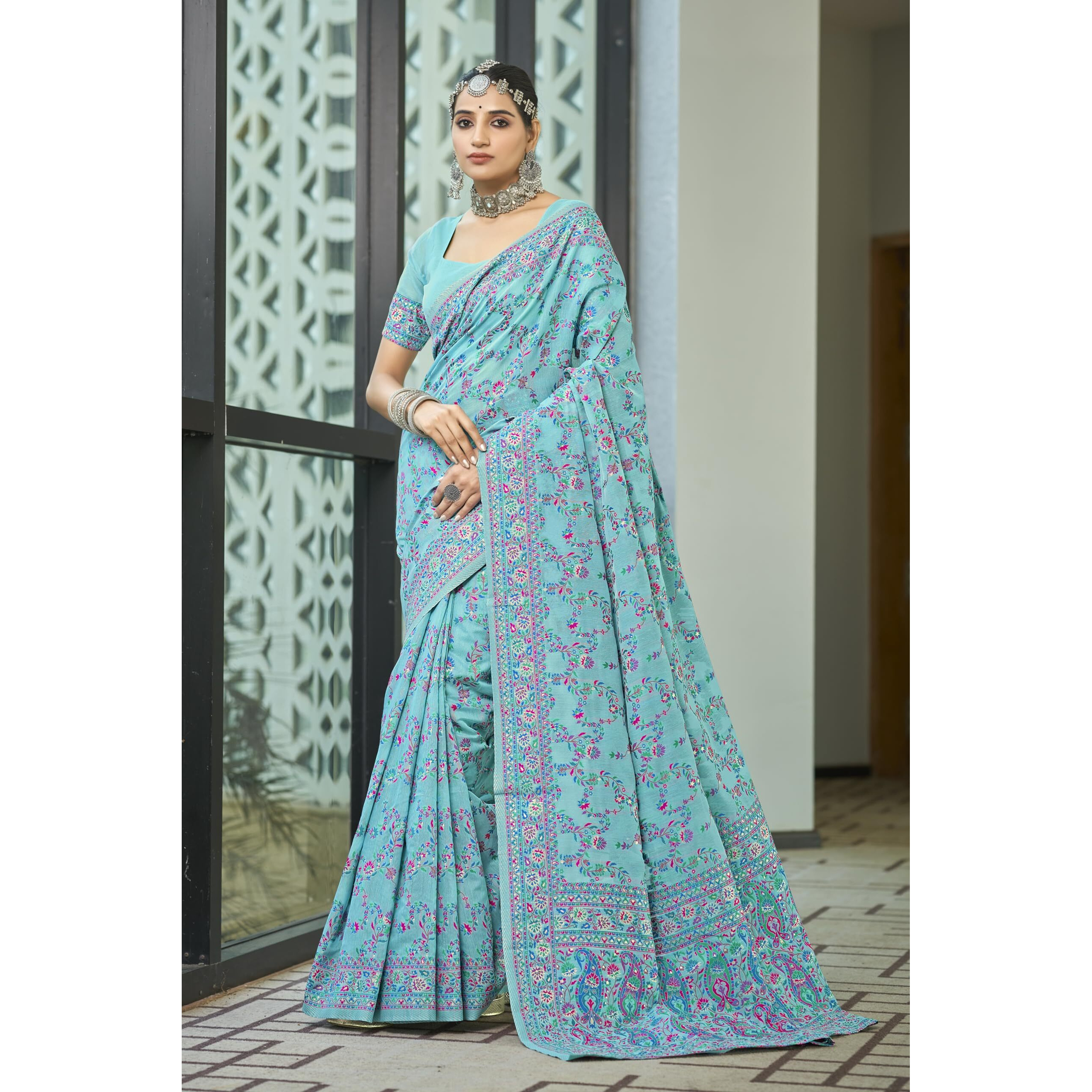 Glory Sarees Womens Kashmiri Pashmina Silk Woven Saree With Blouse Piece (Heritage_Silk108_Firozi)