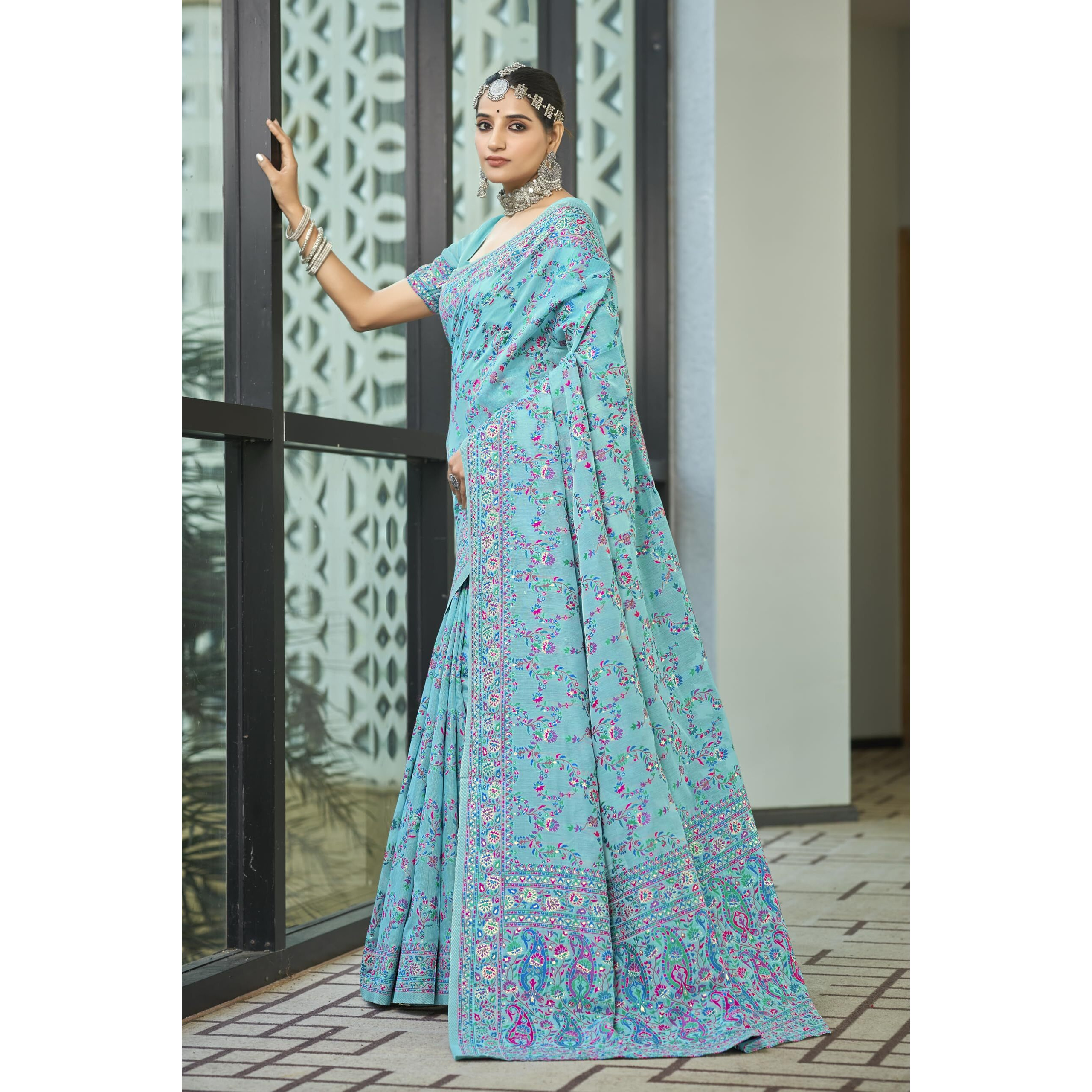 Glory Sarees Womens Kashmiri Pashmina Silk Woven Saree With Blouse Piece (Heritage_Silk108_Firozi)