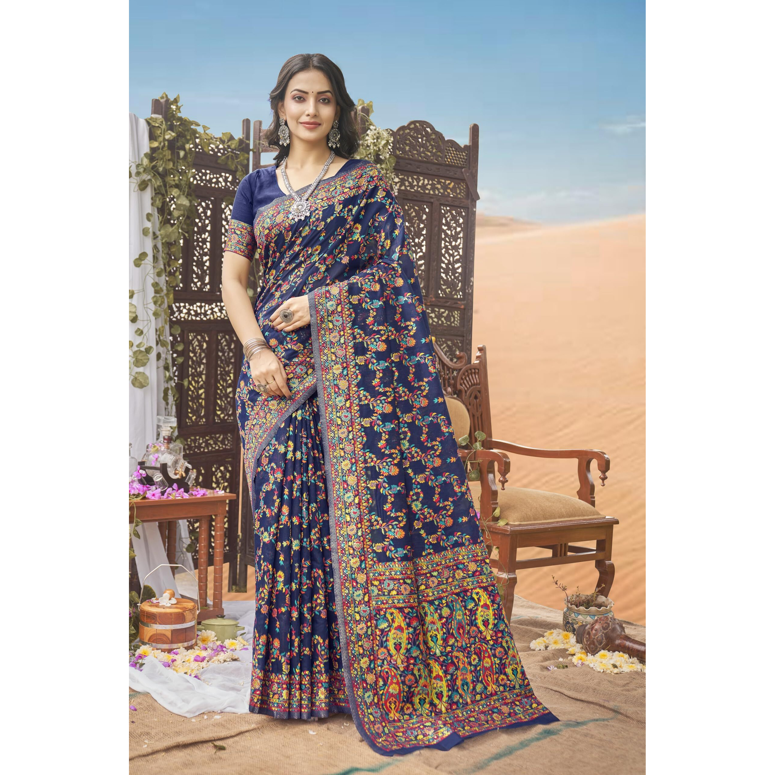Glory Sarees Womens Kashmiri Pashmina Silk Woven Saree With Blouse Piece (Heritage_Silk108_NavyBlue)