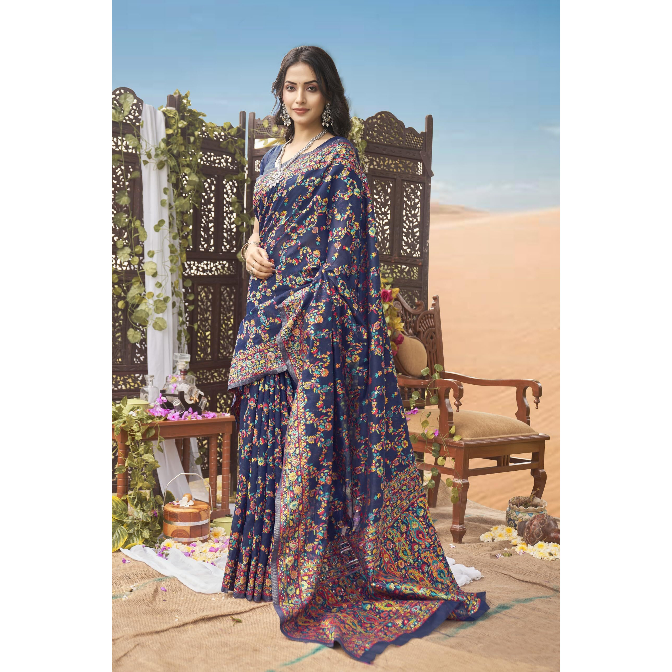 Glory Sarees Womens Kashmiri Pashmina Silk Woven Saree With Blouse Piece (Heritage_Silk108_NavyBlue)