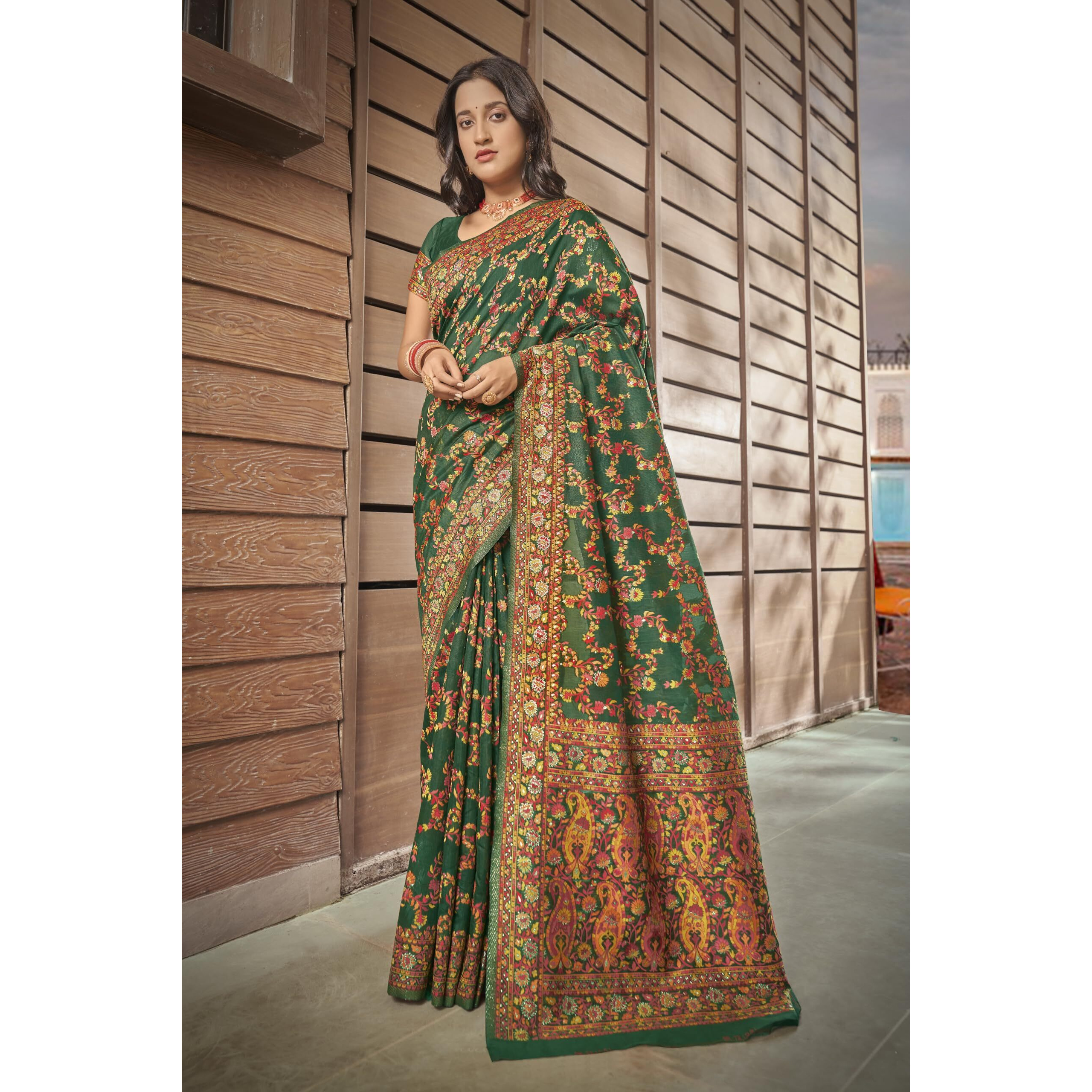Glory Sarees Womens Kashmiri Pashmina Silk Woven Saree With Blouse Piece (Heritage_Silk108_Green)