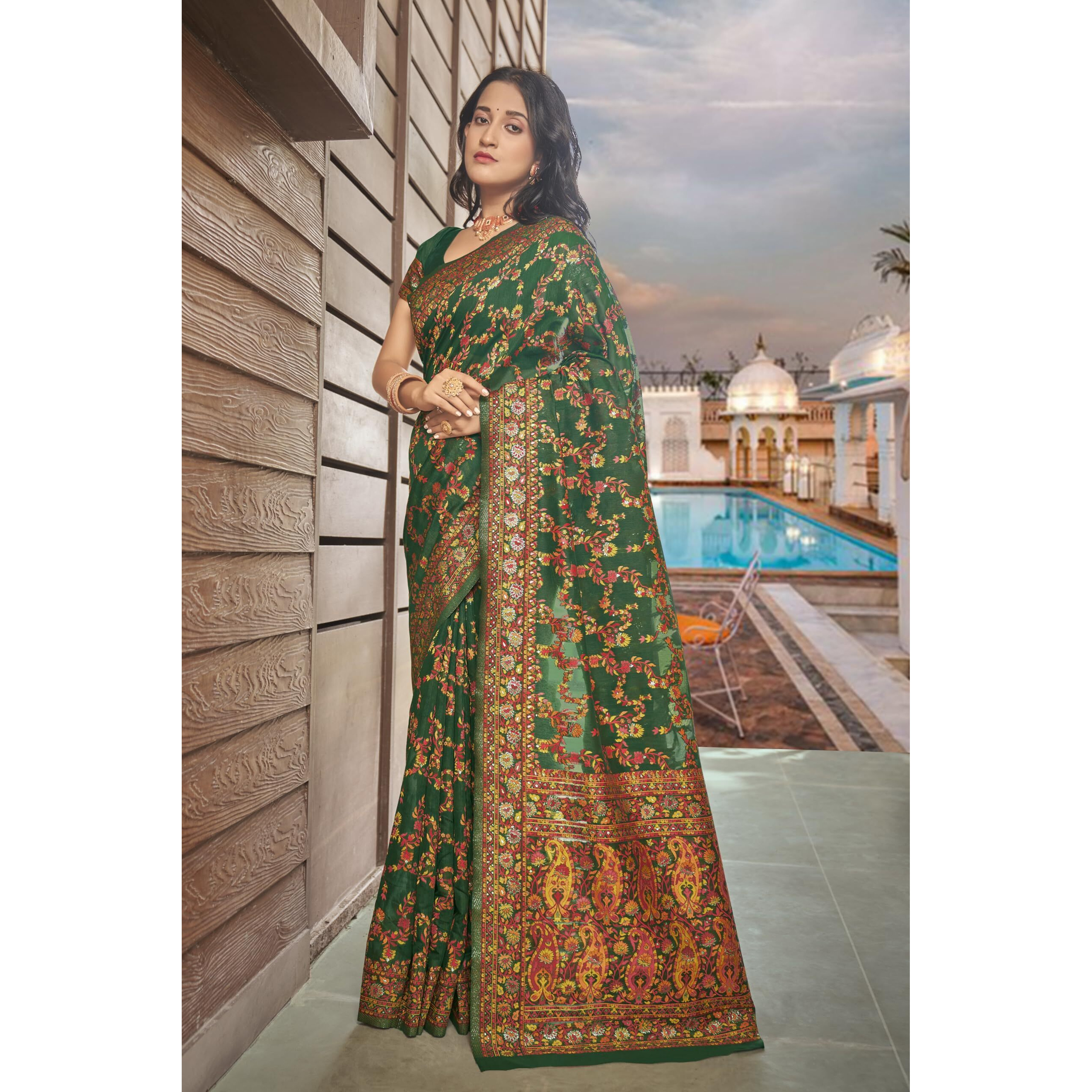 Glory Sarees Womens Kashmiri Pashmina Silk Woven Saree With Blouse Piece (Heritage_Silk108_Green)