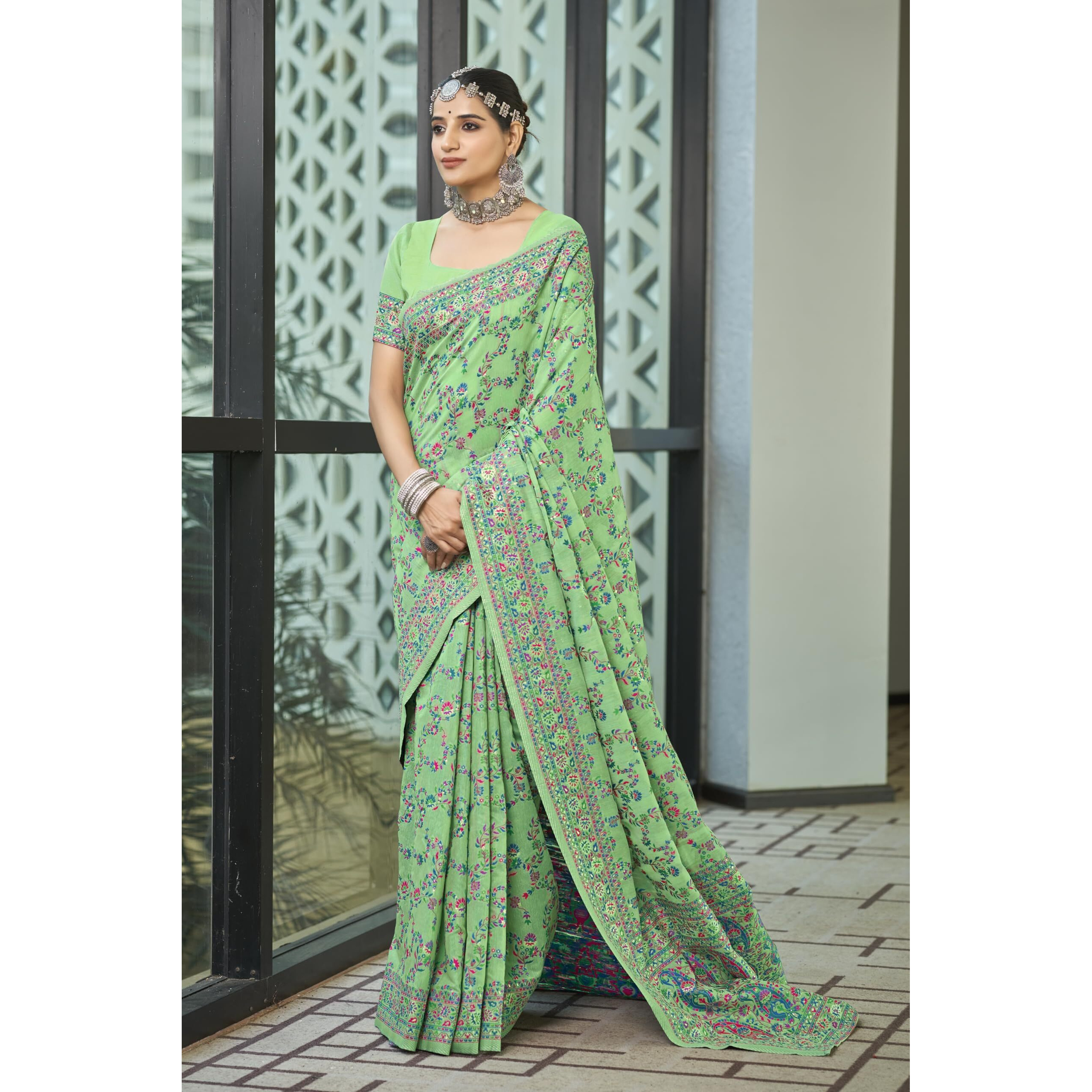 Glory Sarees Womens Kashmiri Pashmina Silk Woven Saree With Blouse Piece (Heritage_Silk108_Pista)