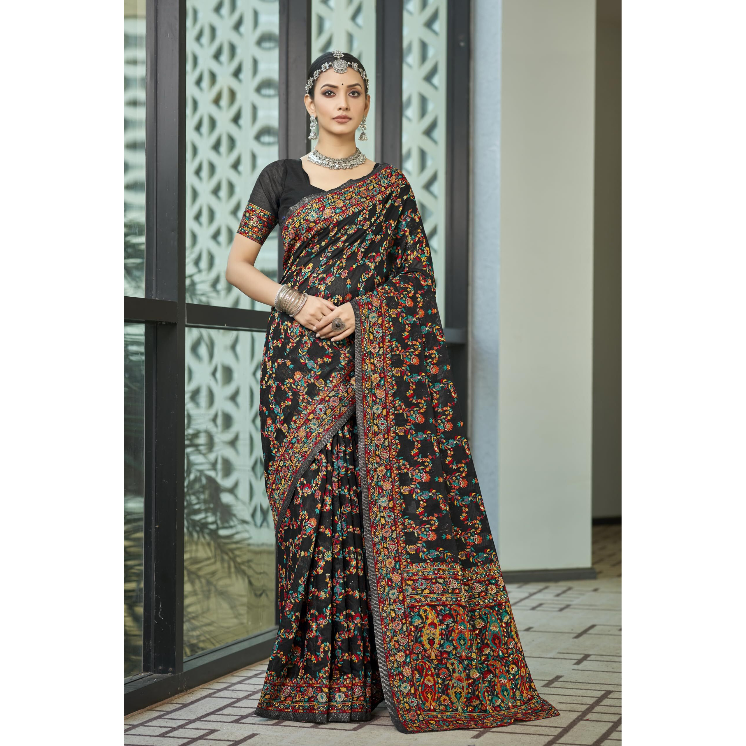 Glory Sarees Womens Kashmiri Pashmina Silk Woven Saree With Blouse Piece (Heritage_Silk108_Black)