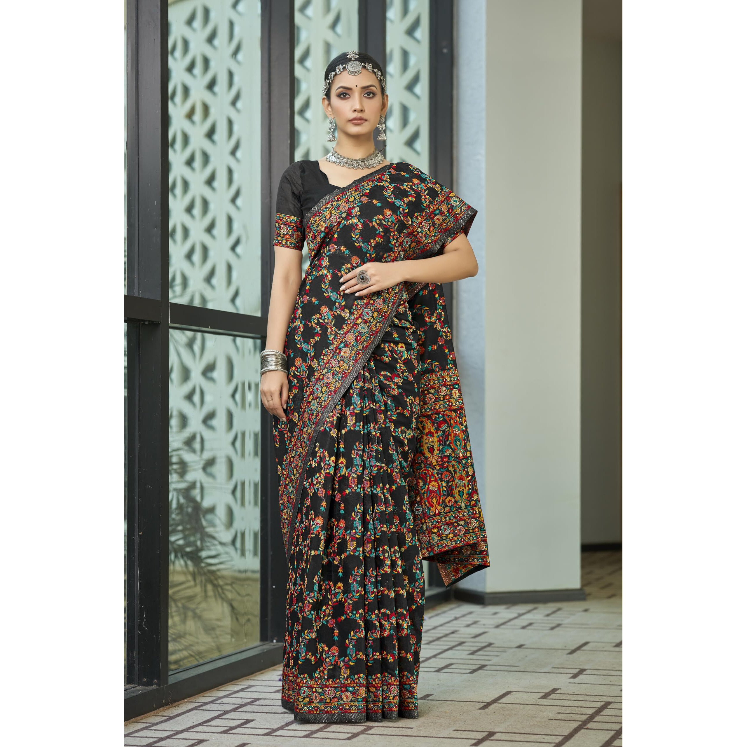 Glory Sarees Womens Kashmiri Pashmina Silk Woven Saree With Blouse Piece (Heritage_Silk108_Black)