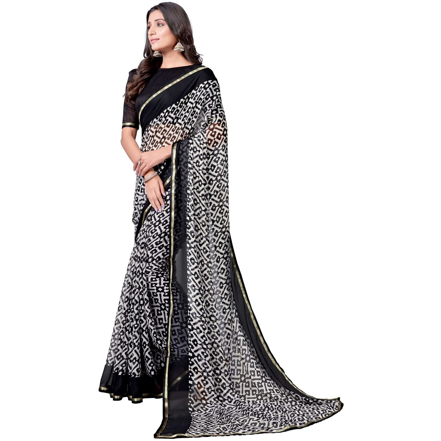 SIRIL Womens Lace & Polka Printed Chiffon Saree with Unstitched Blouse Piece(2219S208_Black & White1)