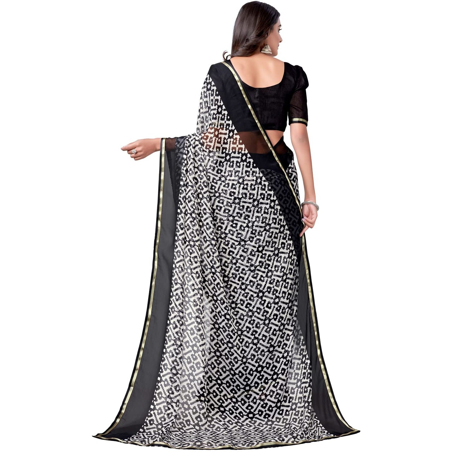 SIRIL Womens Lace & Polka Printed Chiffon Saree with Unstitched Blouse Piece(2219S208_Black & White1)