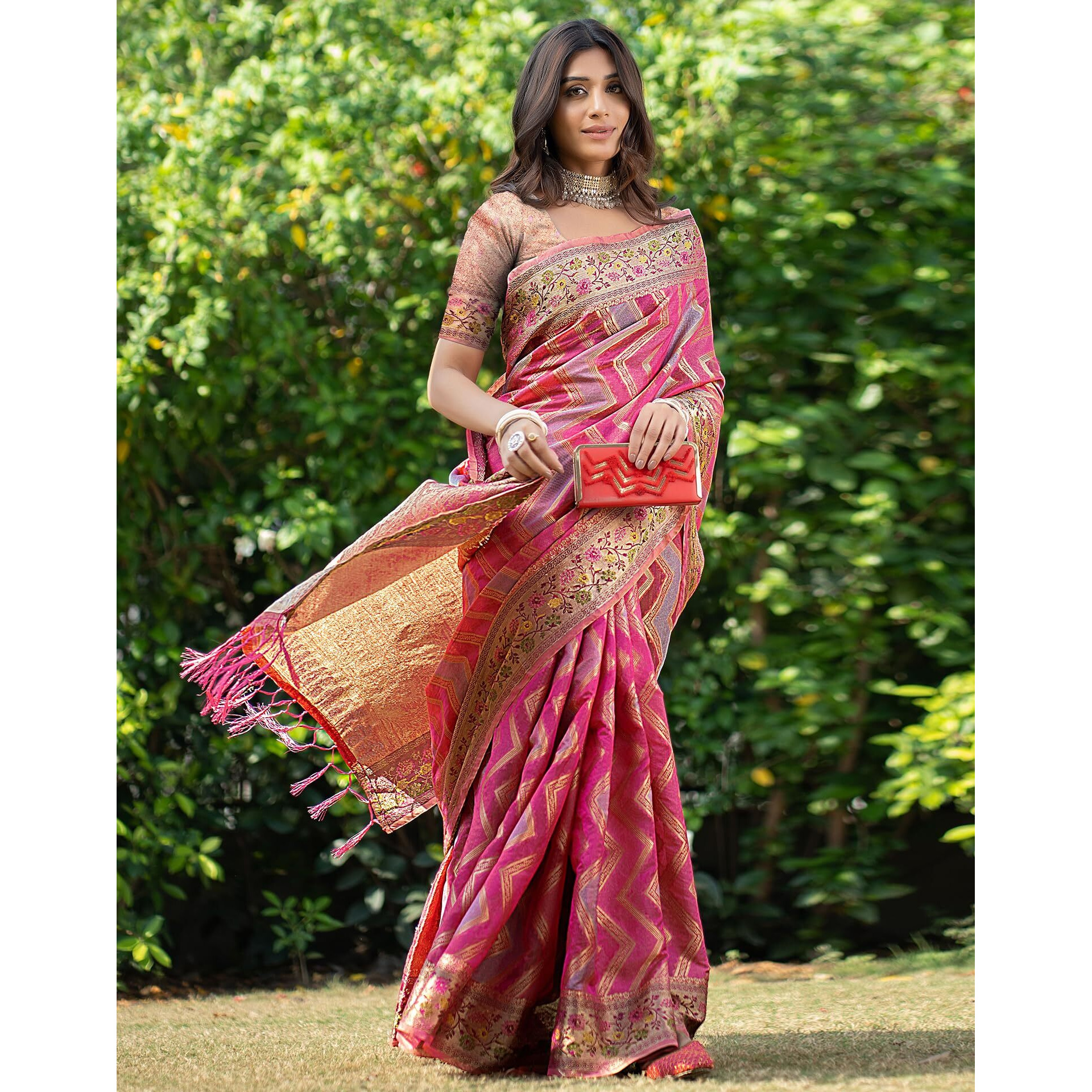 SIRIL Womens Organza Jacquard Saree With Unstitched Blouse Piece (3414S204_Pink)