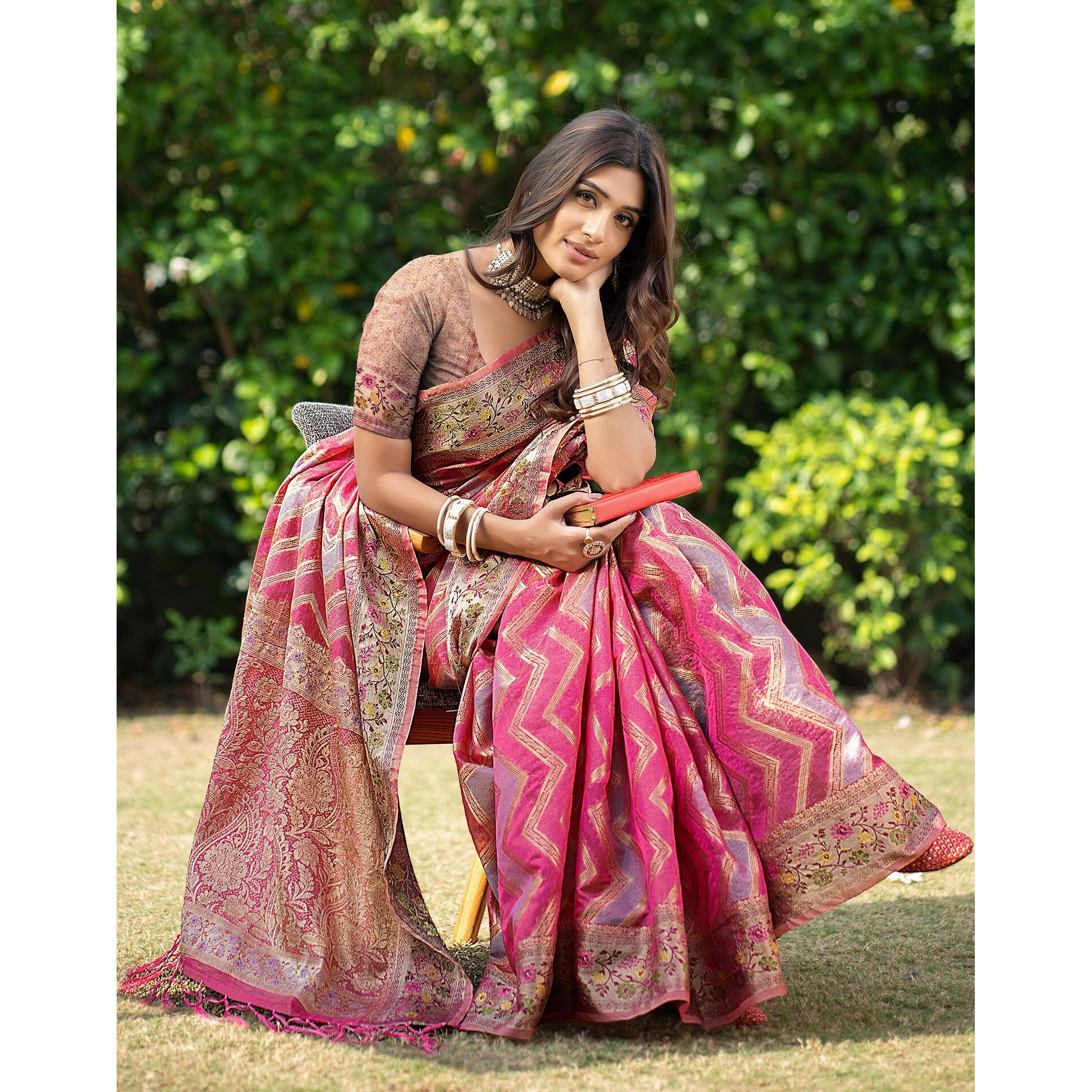 SIRIL Womens Organza Jacquard Saree With Unstitched Blouse Piece (3414S204_Pink)