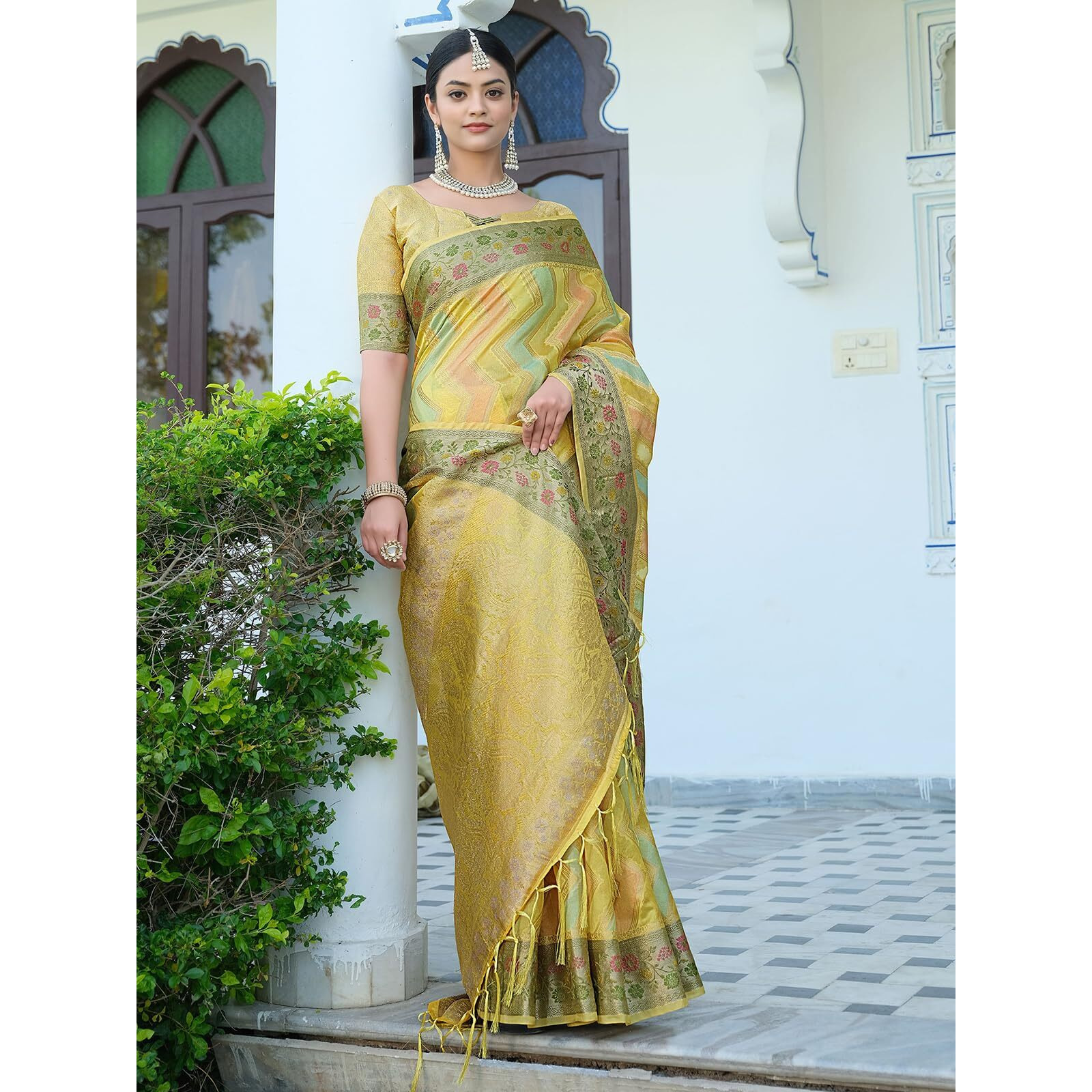 SIRIL Womens Banarasi Jacquard, Tassel Organza Saree with Unstitched Blouse(3086S146_Yellow)