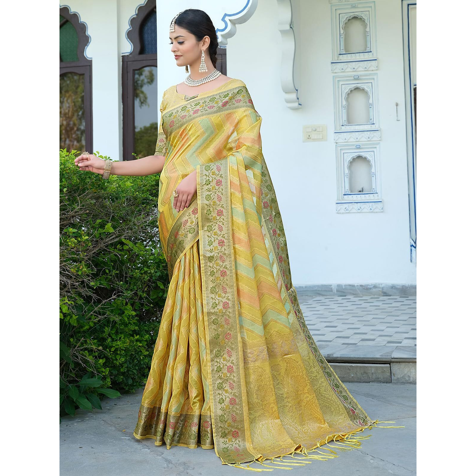 SIRIL Womens Banarasi Jacquard, Tassel Organza Saree with Unstitched Blouse(3086S146_Yellow)