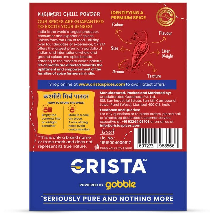 CRISTA Kashmiri Chilli Powder | Laal Mirch Powder with Natural Oils | Zero added Colours, Fillers, Additives & Preservatives | Mild Spicy Grade | Vibrant Red Colour | 100 gms