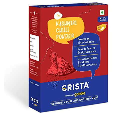 CRISTA Kashmiri Chilli Powder | Laal Mirch Powder with Natural Oils | Zero added Colours, Fillers, Additives & Preservatives | Mild Spicy Grade | Vibrant Red Colour | 500 gms