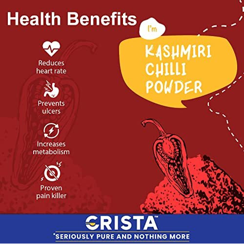 CRISTA Kashmiri Chilli Powder | Laal Mirch Powder with Natural Oils | Zero added Colours, Fillers, Additives & Preservatives | Mild Spicy Grade | Vibrant Red Colour | 500 gms