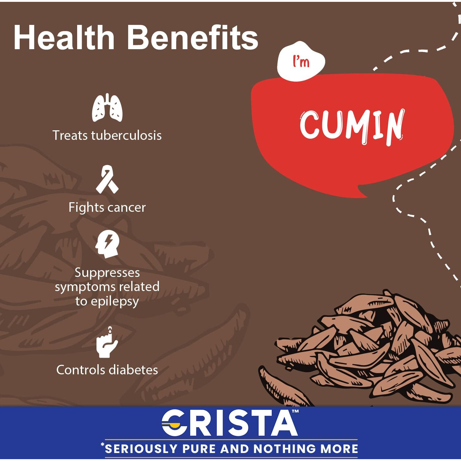 CRISTA Cumin Seed, Whole Cumin, Pure Jeera, Zero added Colours, Fillers, Additives & Preservatives, Premium Grade Brownish-grey Farm Fresh & Aromatic, 100 gms