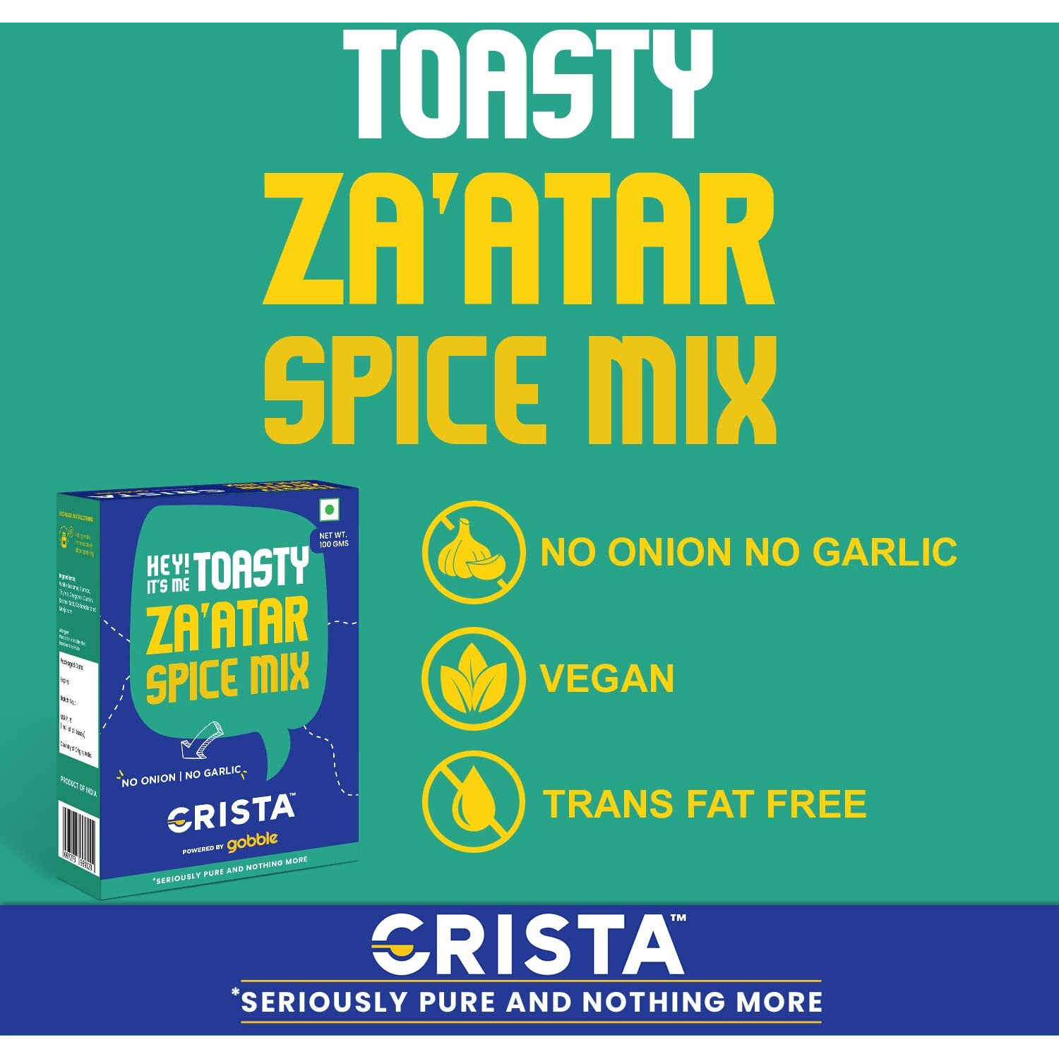CRISTA Toasty Zaatar Spice Mix Blend | Middle Eastern Flavours | Trans Fat Free | No Onion | No Garlic | Vegan | Zero added Colours, Fillers, Additives & Preservatives | 100 gms