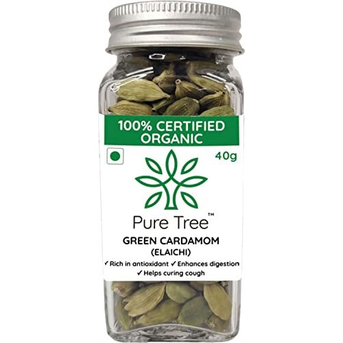 Pure Tree Certified Organic Elaichi | 40 g | Glass Jar | Organic Green Cardamom | Hari Elaichi Whole Spices | Chhoti Elaichi Seeds Unique Aroma & Pleasant Flavour