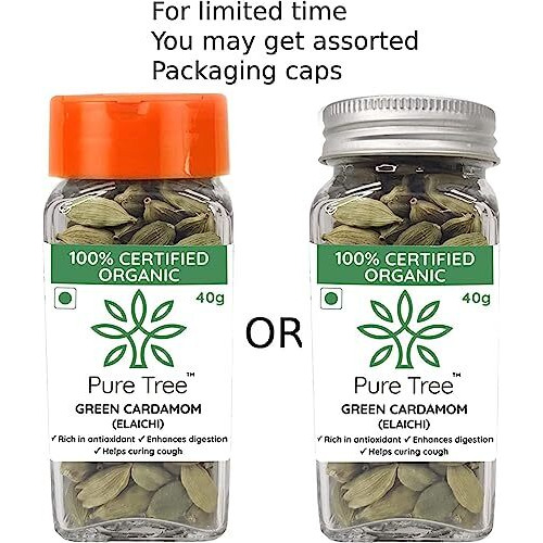Pure Tree Certified Organic Elaichi | 40 g | Glass Jar | Organic Green Cardamom | Hari Elaichi Whole Spices | Chhoti Elaichi Seeds Unique Aroma & Pleasant Flavour