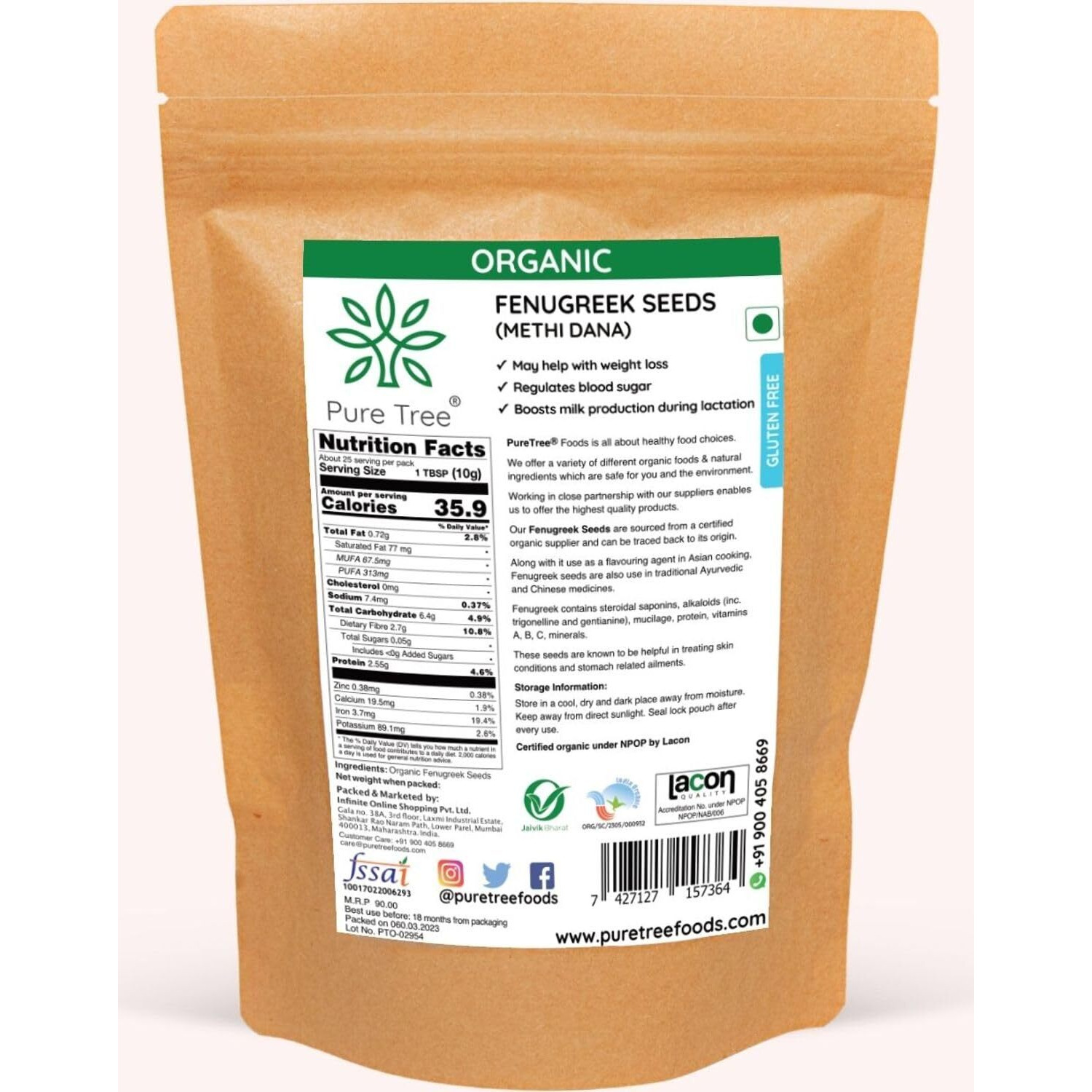 Pure Tree Certified Organic Methi Dana | 250 g | Organic Fenugreek Seeds | Methi Seeds Whole Spices | Menthulu Seeds | Vendayam | Rich in Aroma and Flavour