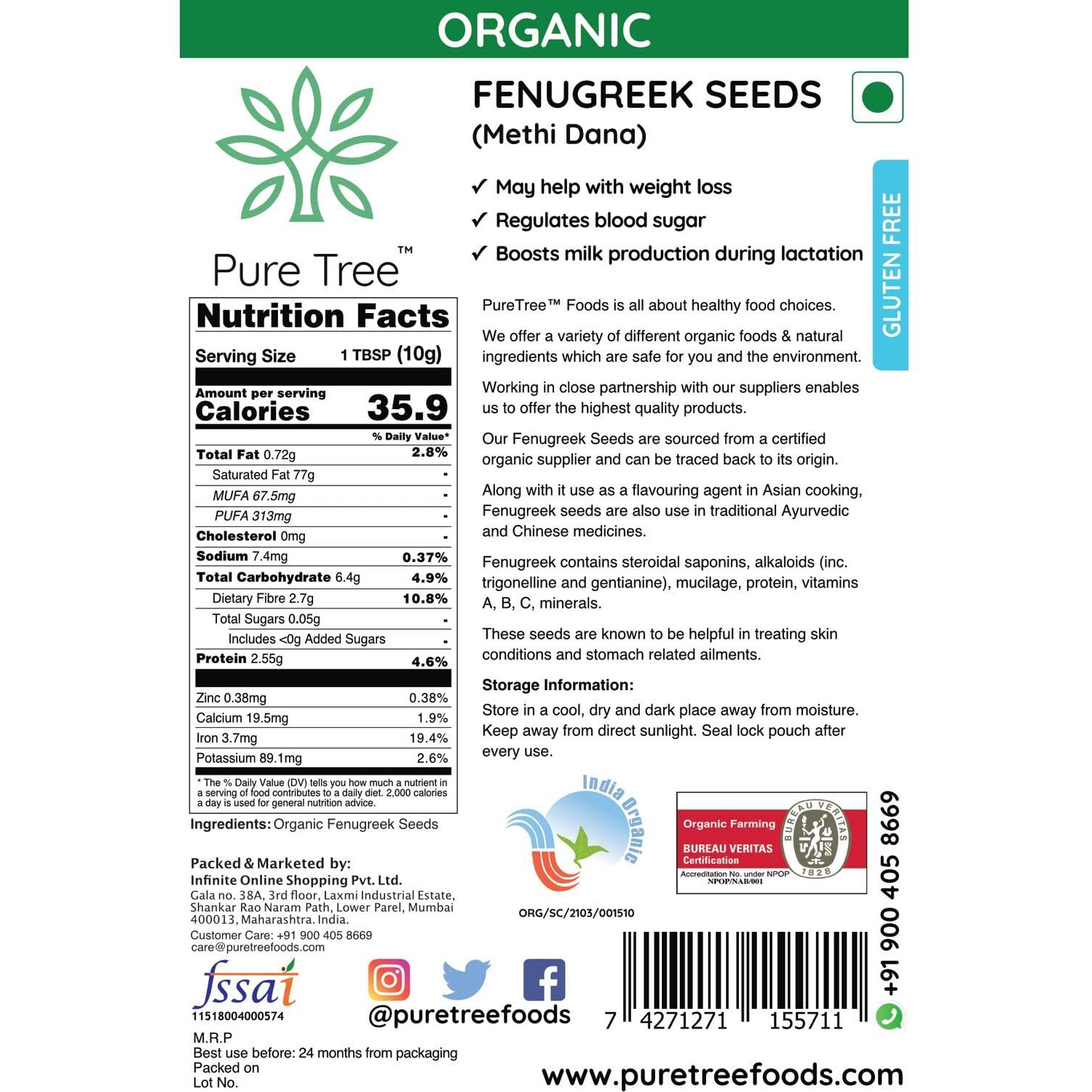 Pure Tree Certified Organic Methi Dana | 250 g | Organic Fenugreek Seeds | Methi Seeds Whole Spices | Menthulu Seeds | Vendayam | Rich in Aroma and Flavour