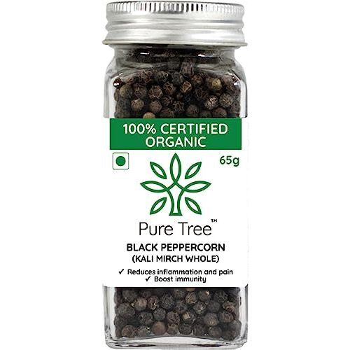 Pure Tree Certified Organic Kali Mirch Whole | 65 g | Glass Jar | Organic Black Pepper Whole | Black Peppercorn | Aromatic Black Pepper Seeds | Miriyalu Whole Spices