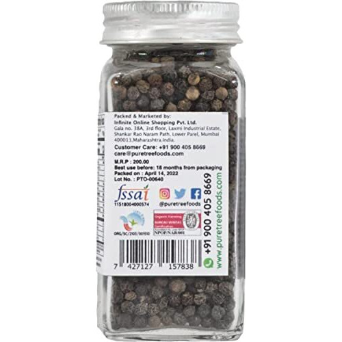 Pure Tree Certified Organic Kali Mirch Whole | 65 g | Glass Jar | Organic Black Pepper Whole | Black Peppercorn | Aromatic Black Pepper Seeds | Miriyalu Whole Spices