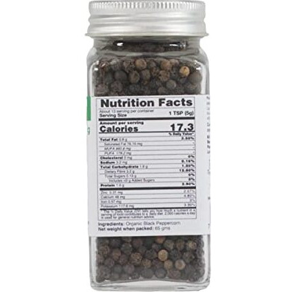 Pure Tree Certified Organic Kali Mirch Whole | 65 g | Glass Jar | Organic Black Pepper Whole | Black Peppercorn | Aromatic Black Pepper Seeds | Miriyalu Whole Spices