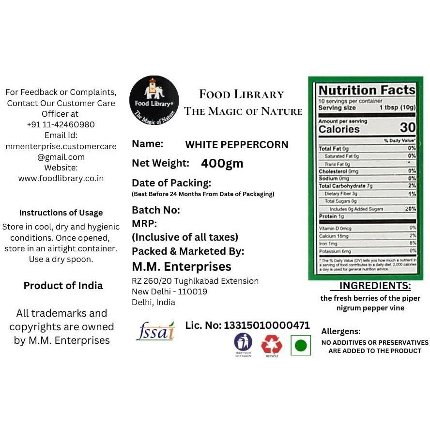 Food Library Whole White Peppercorn (Sabut Safed Mirch) (400gm)