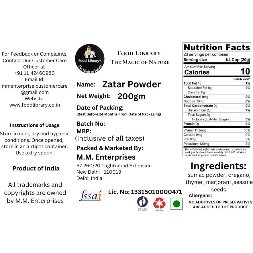 FOOD LIBRARY THE MAGIC OF NATURE Middle Eastern Zaatar/Zatar Powder, 200G