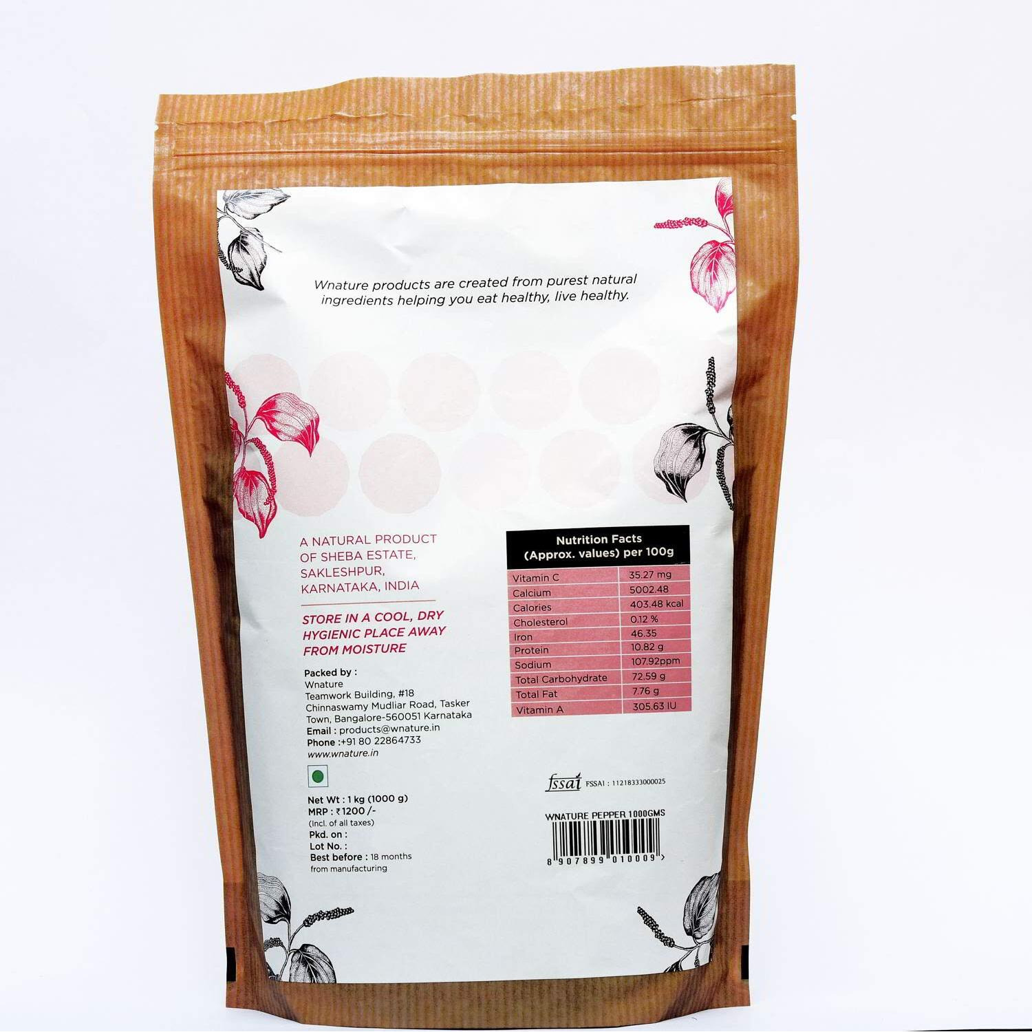 Wnature Organic Whole Black Pepper, 1 Kg - 100% Pure & Natural